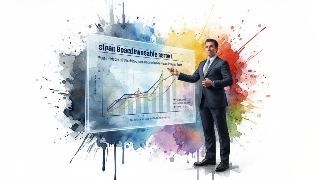 A professional man in a business suit gestures toward a digital chart displaying data trends against a watercolor background.