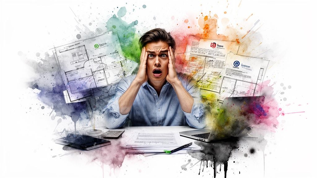 A stressed man holding his head while working on technical blueprints and a laptop at his desk.