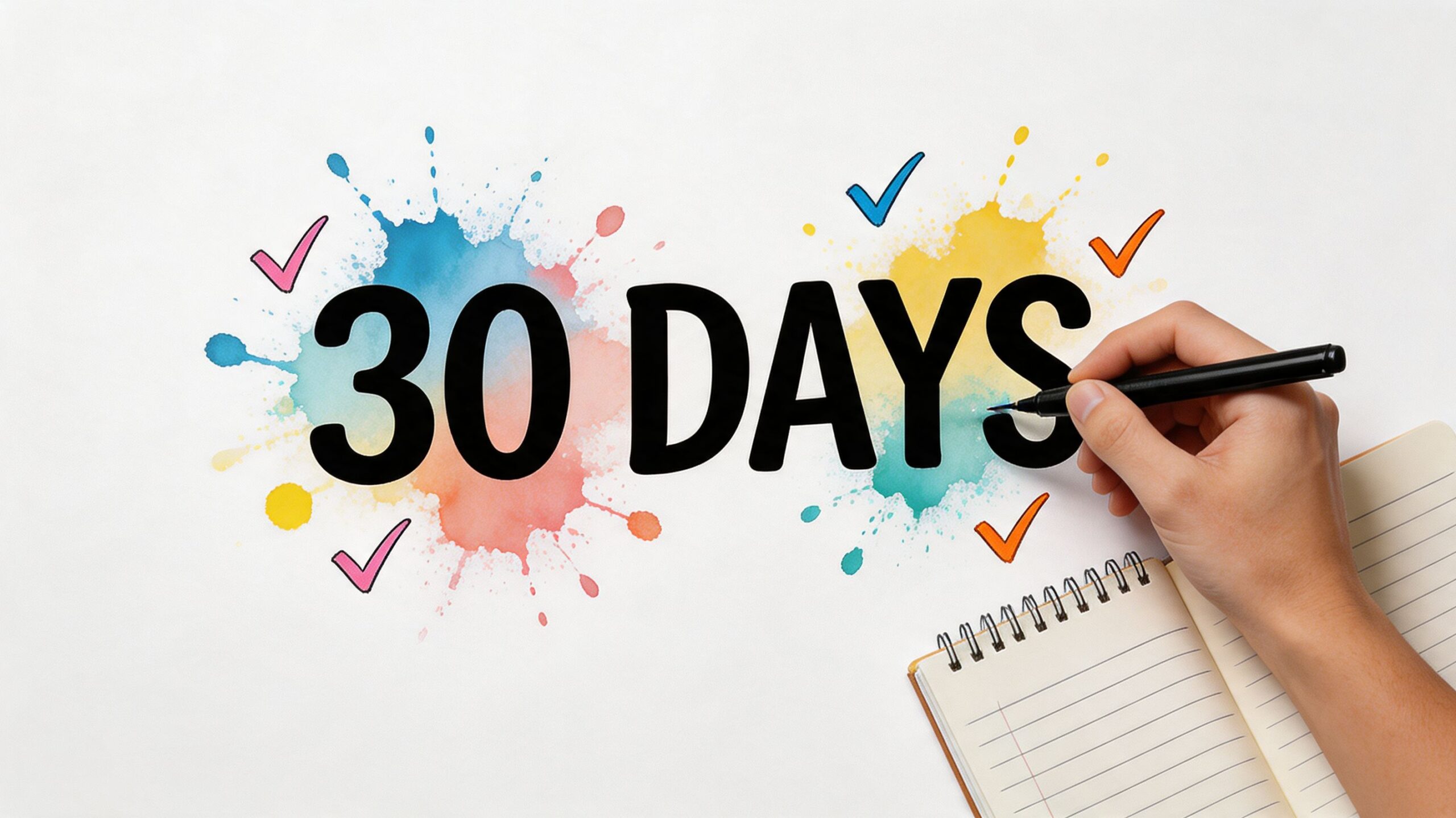 A hand holding a pen near text reading 30 DAYS on a white surface with colorful splashes.