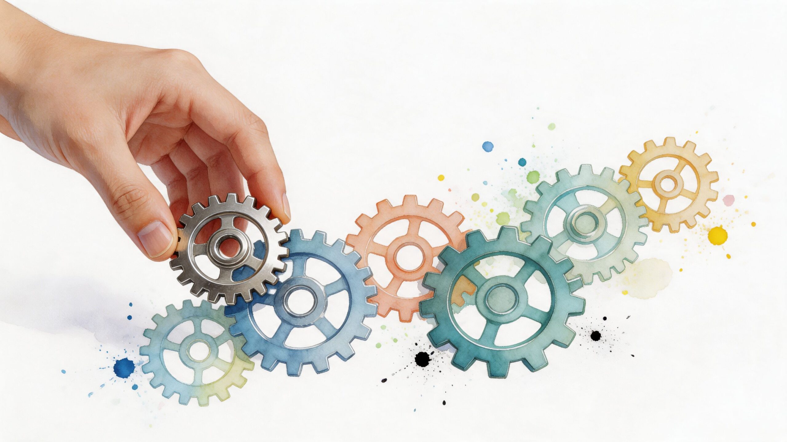 A hand placing a metallic gear into a colorful system of interconnected gears on a white background.