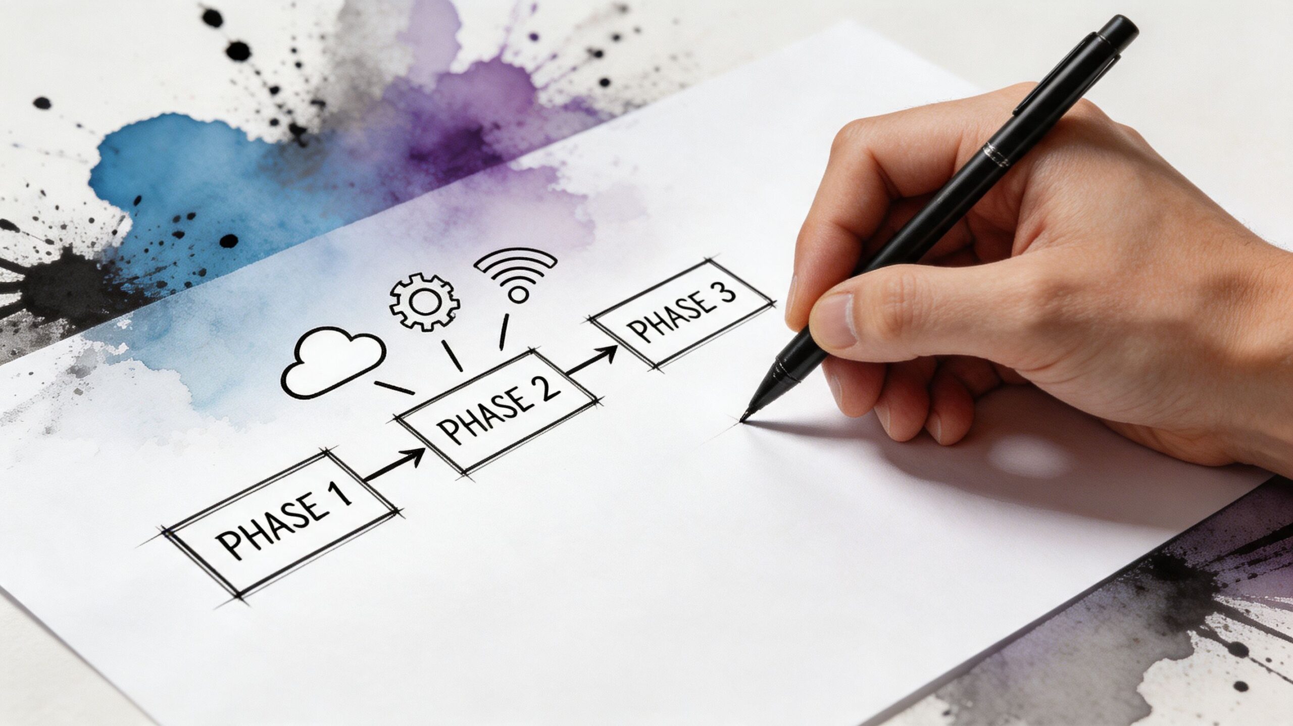 A hand drawing a three-phase business process flowchart with icons on a paper with watercolor effects.