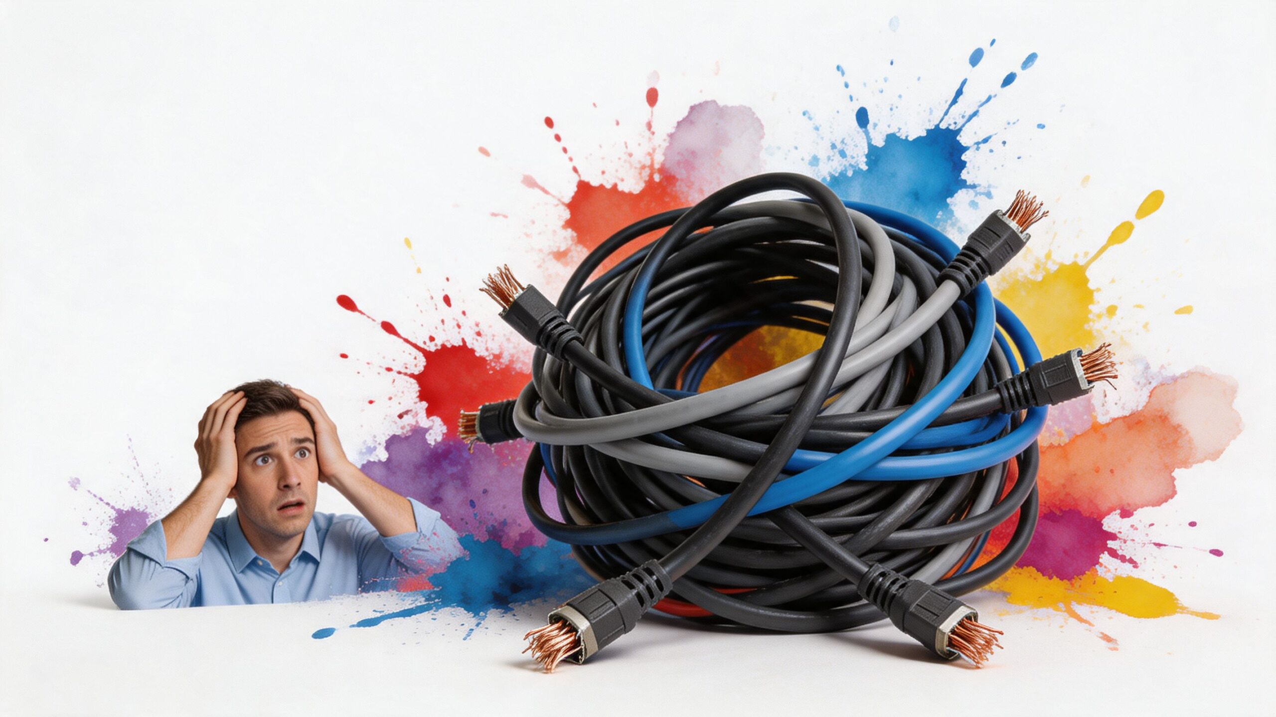 A man in distress looking at a messy, tangled pile of electronic data cables.