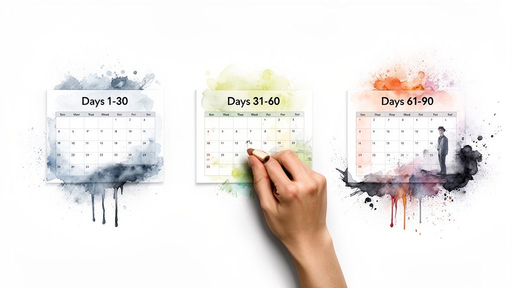 Three watercolor calendars tracking a 90-day period, with a hand marking a date.