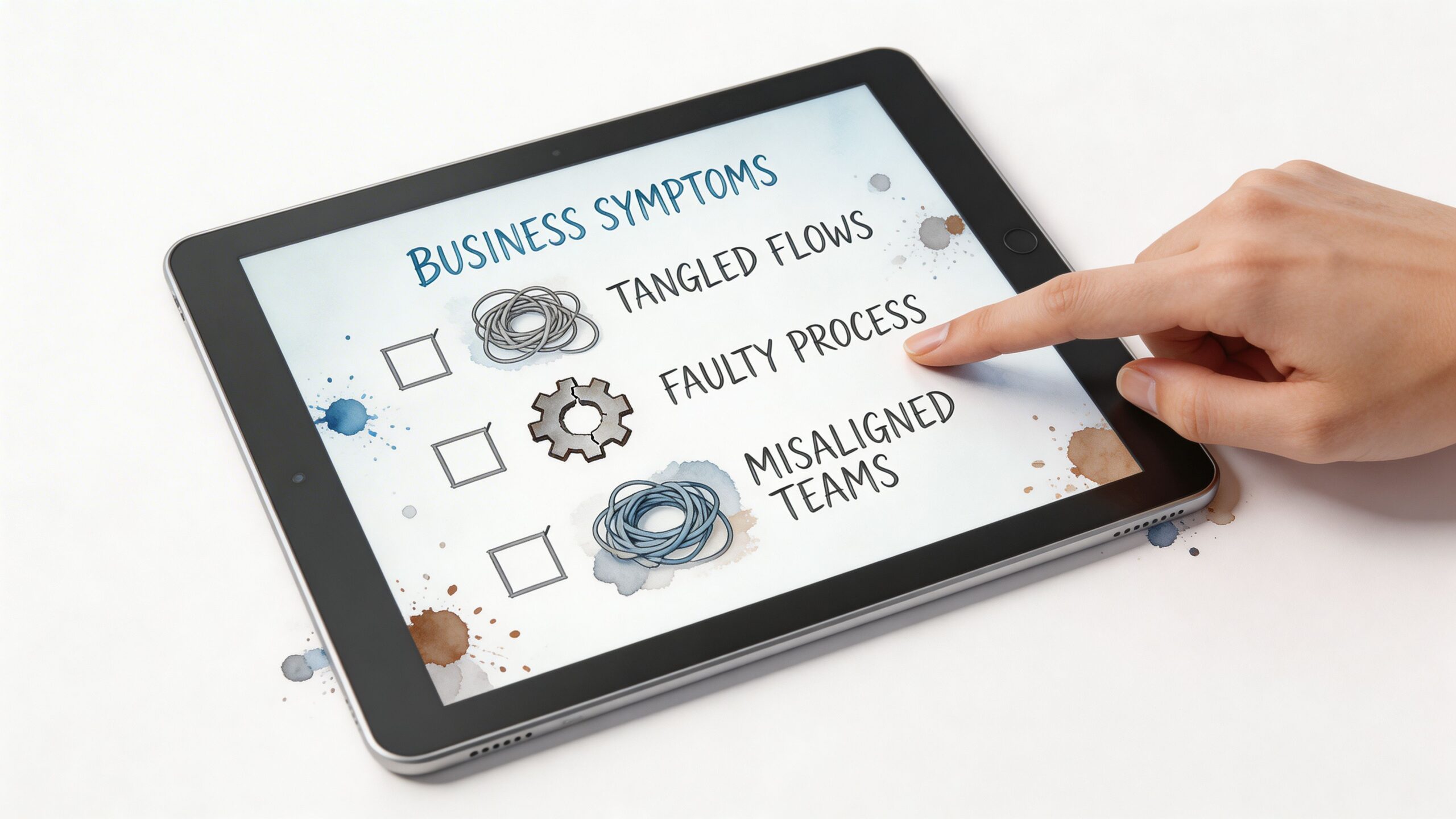 A hand touching a digital tablet screen showing a checklist of common business symptoms and operational challenges.
