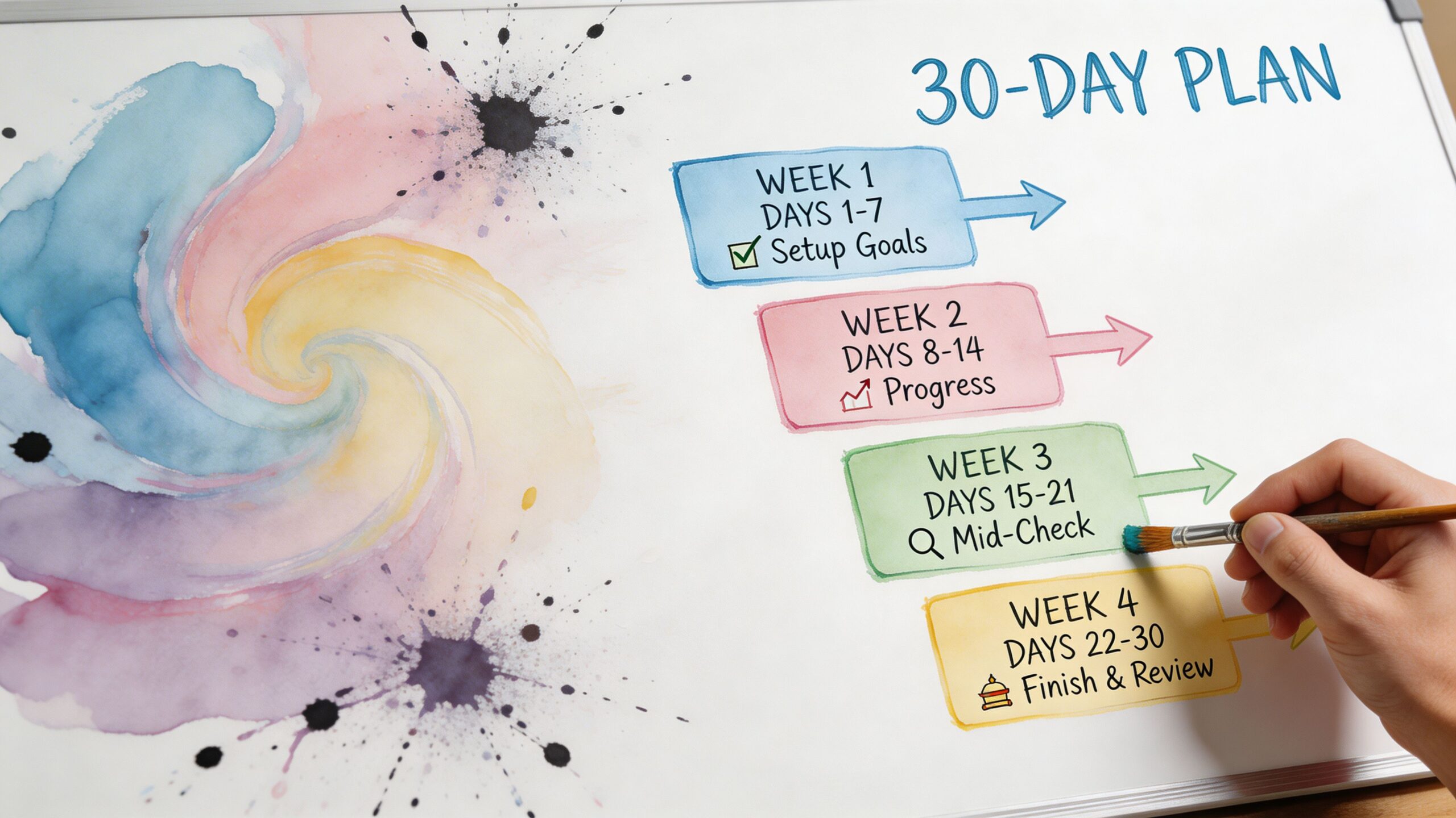 A hand using a paintbrush to complete a 30-day plan chart on a whiteboard surface.