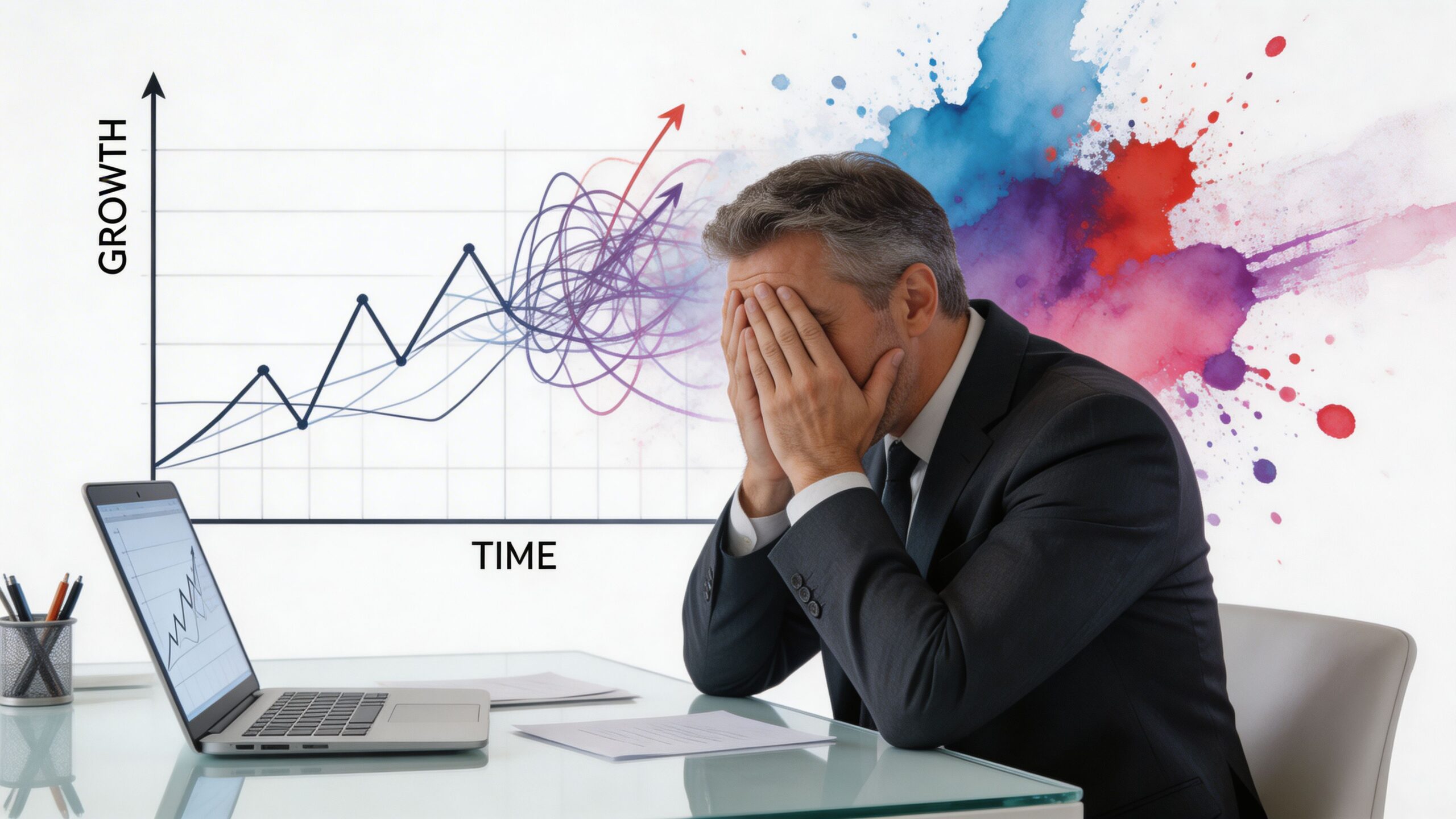 A stressed businessman sitting at a desk with a laptop, looking at a confusing growth chart.