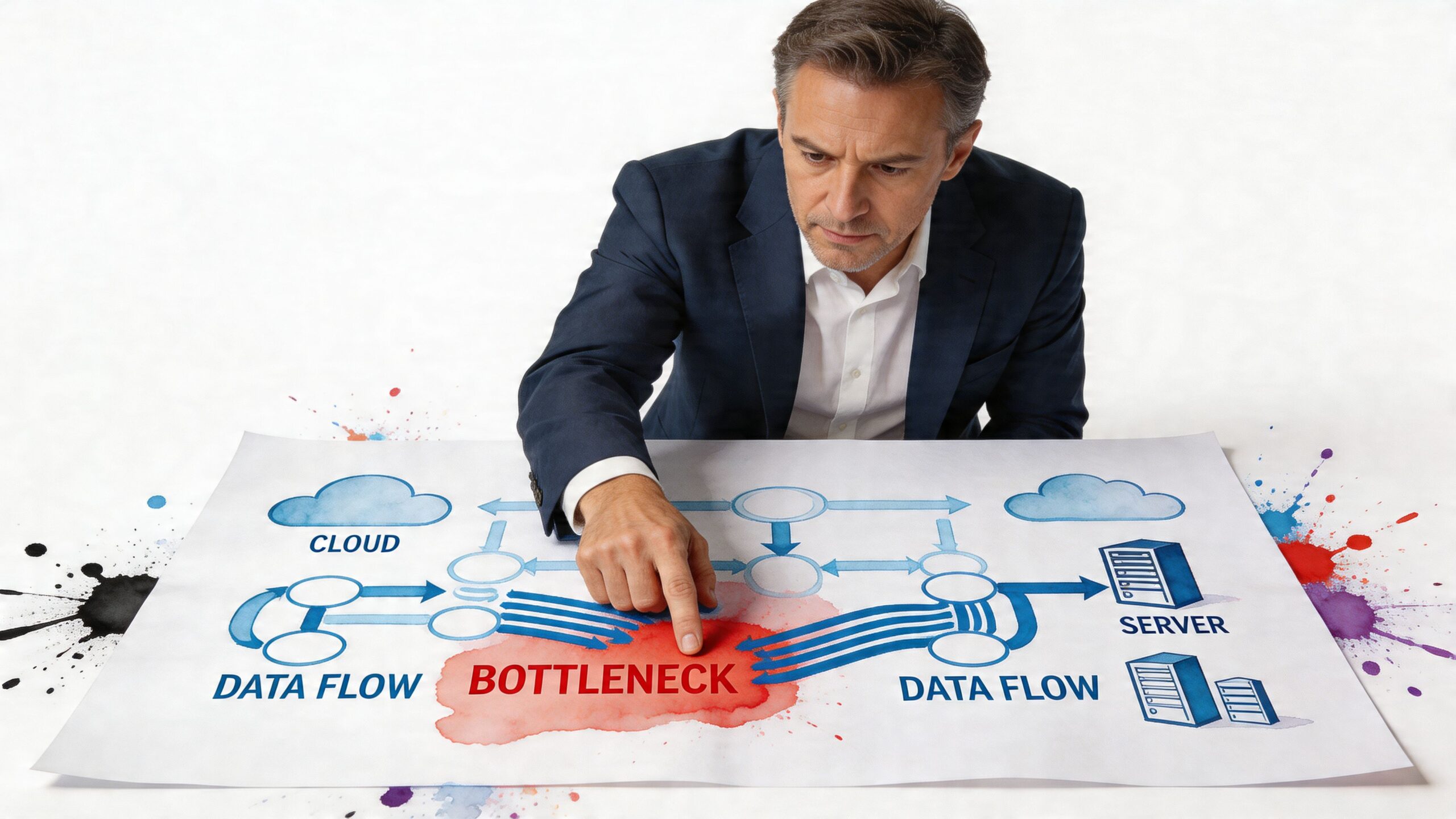A professional man in a suit points to a bottleneck on a data flow diagram.