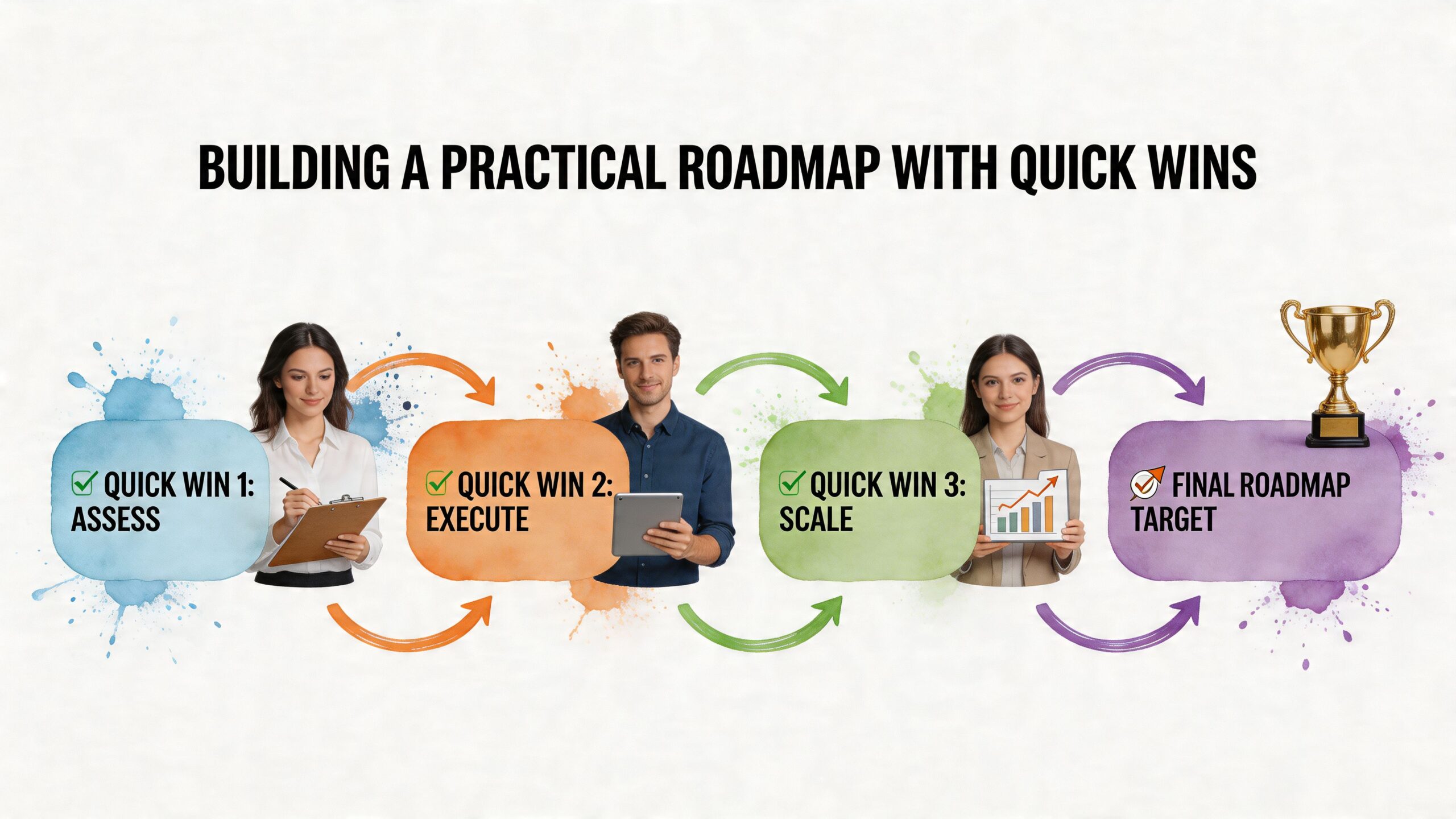 A professional infographic titled Building a Practical Roadmap with Quick Wins, featuring business steps illustrated by people.