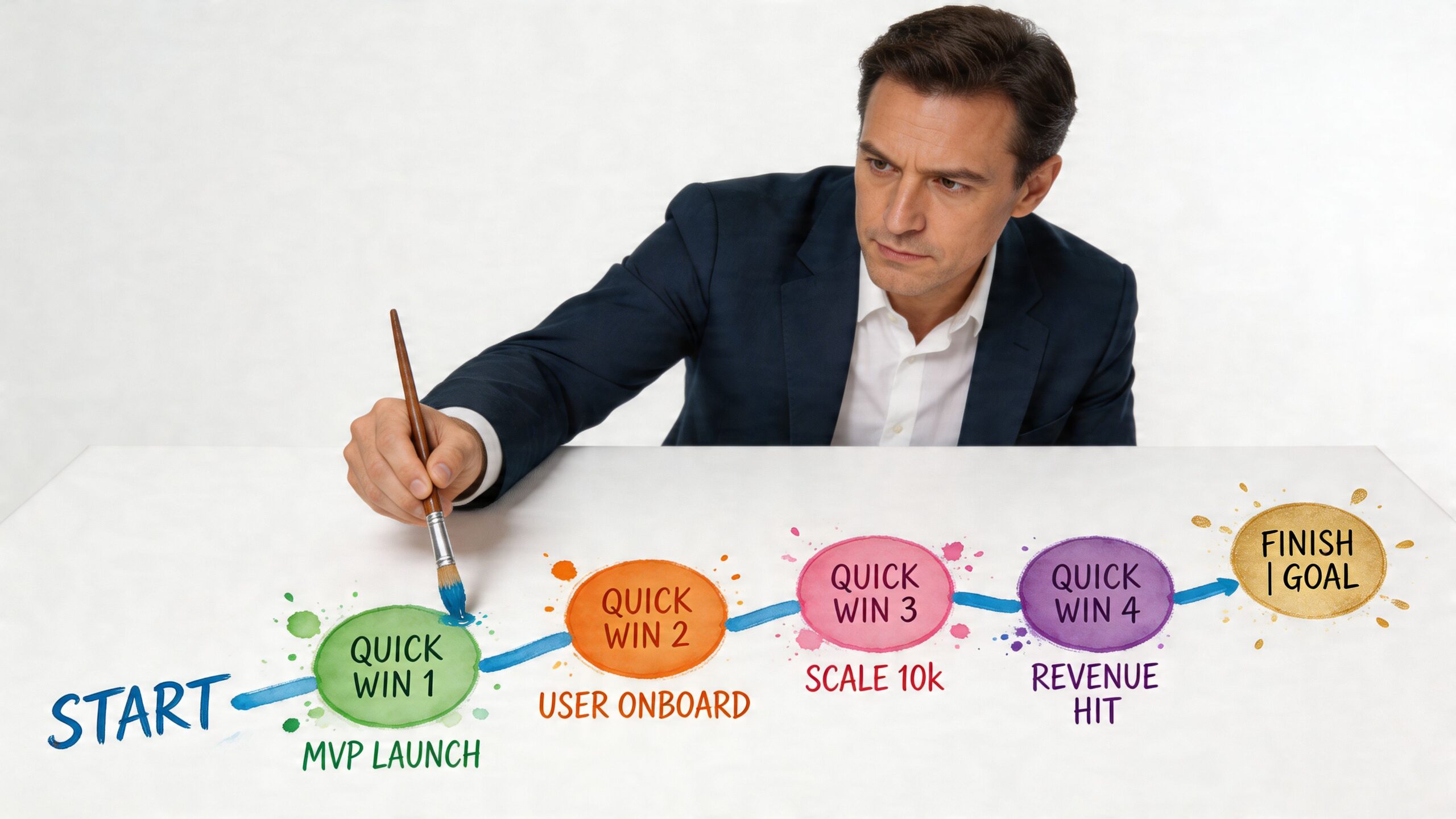 A professional man painting a business strategy flowchart illustrating a clear path from startup to goal.