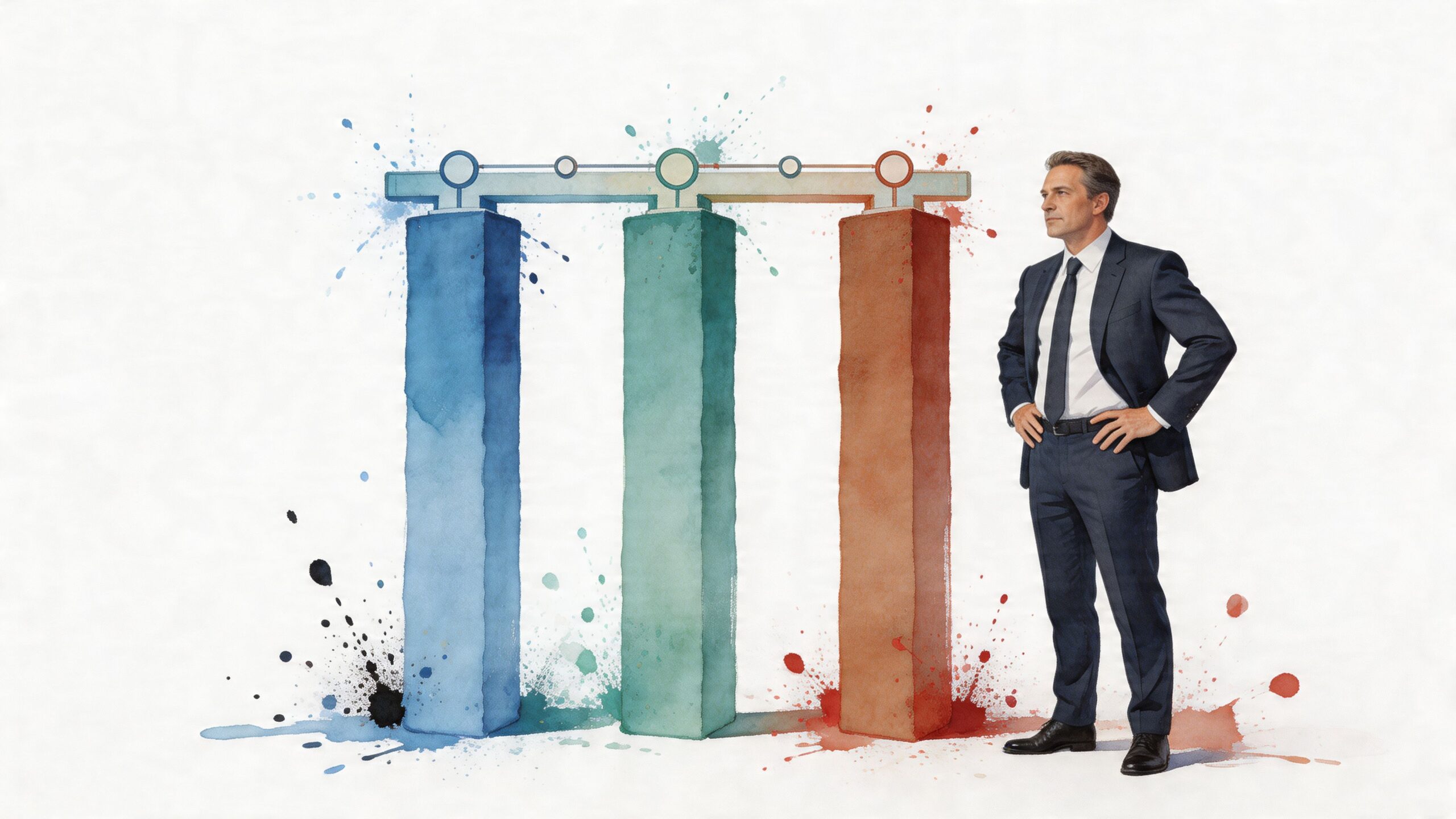 A professional man in a suit standing next to three watercolor-style pillars connected by a beam.