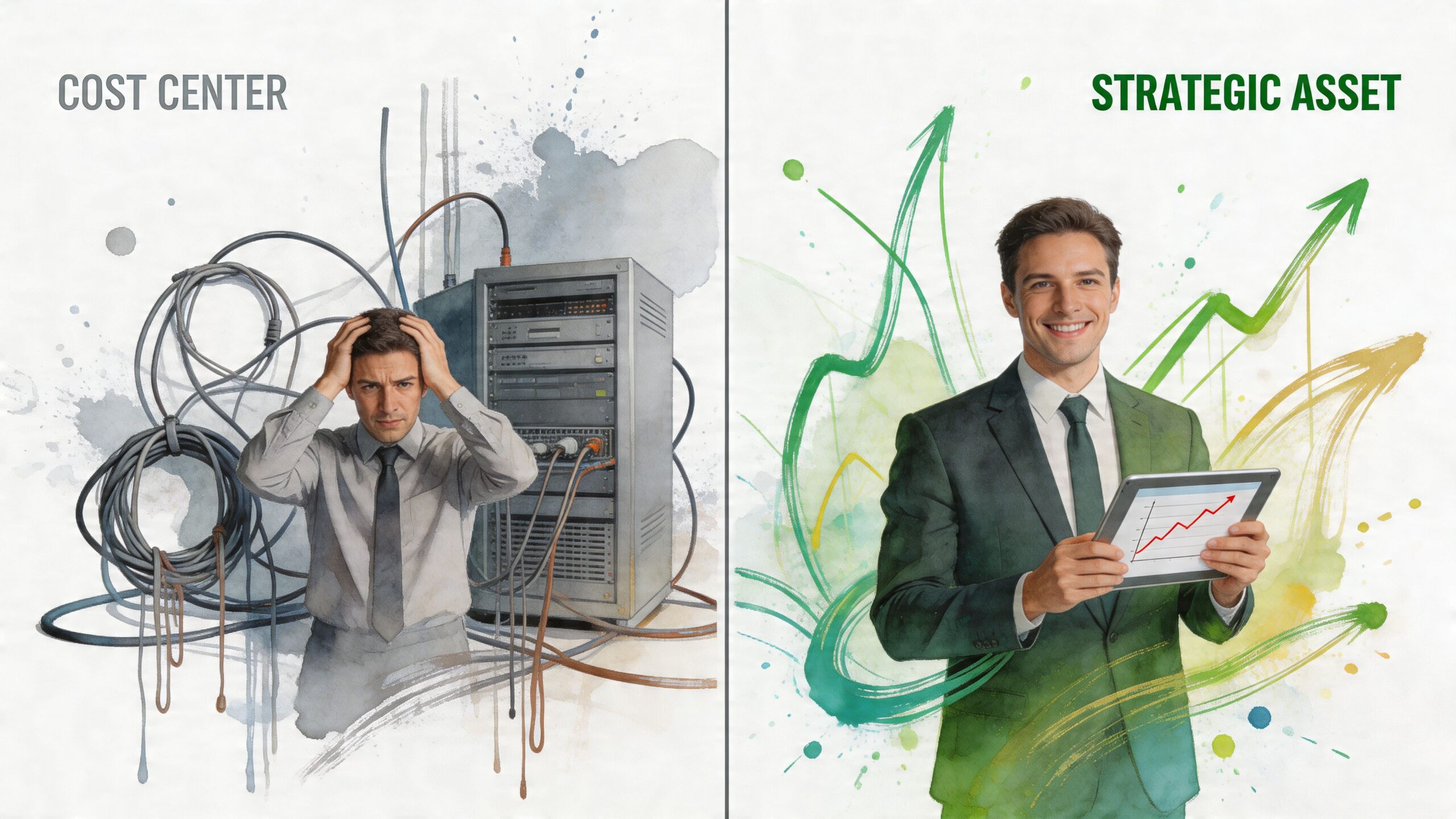 A split image contrasting an stressed IT worker with tangled cables against a successful executive using a tablet.