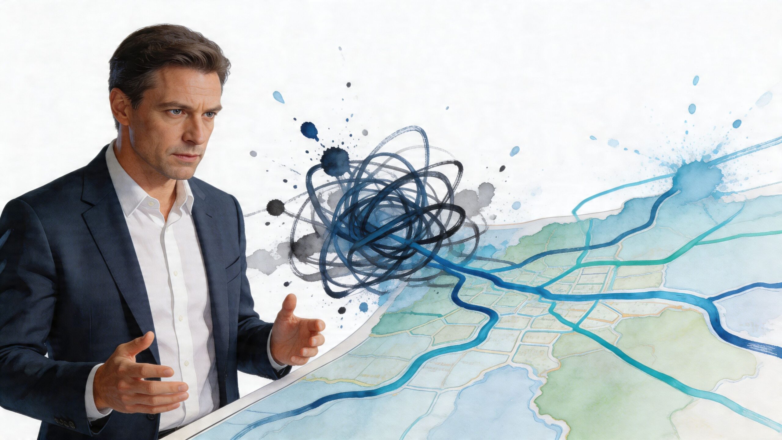 A professional man gesturing towards a complex abstract digital map showing urban infrastructure planning and strategy.