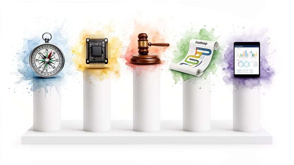 Five pedestals showcasing a compass, microchip, gavel, roadmap scroll, and tablet, symbolizing technology strategy.