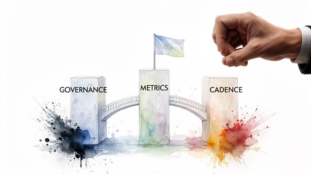 Three watercolor pillars labeled Governance, Metrics, Cadence, connected by bridges, with a hand hovering.