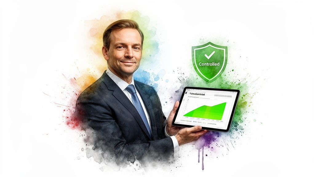 Smiling businessman in a suit holds a tablet displaying a green graph, with a 'Controlled' shield.