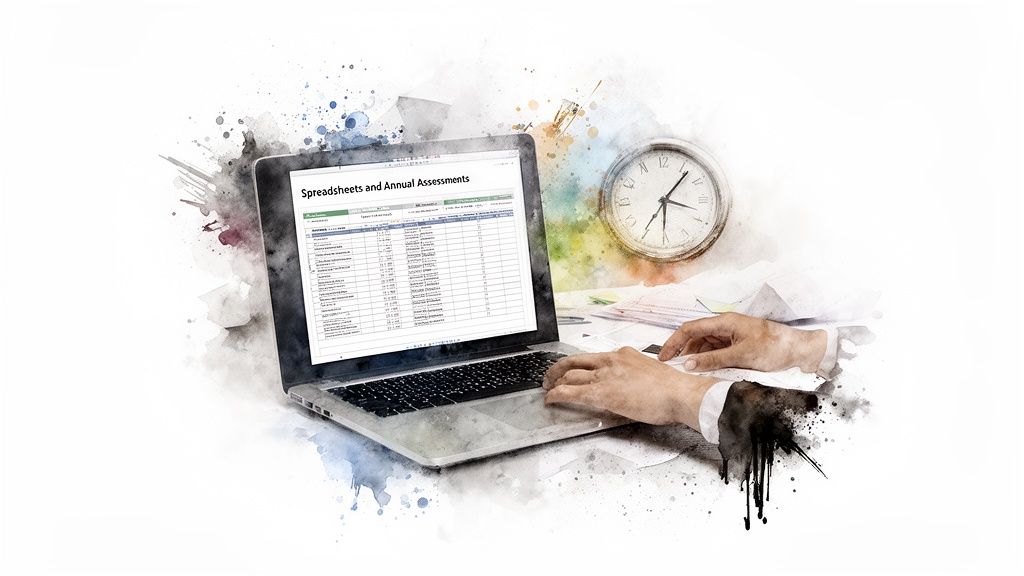 Hands typing on a laptop displaying a spreadsheet, with a clock and papers nearby.