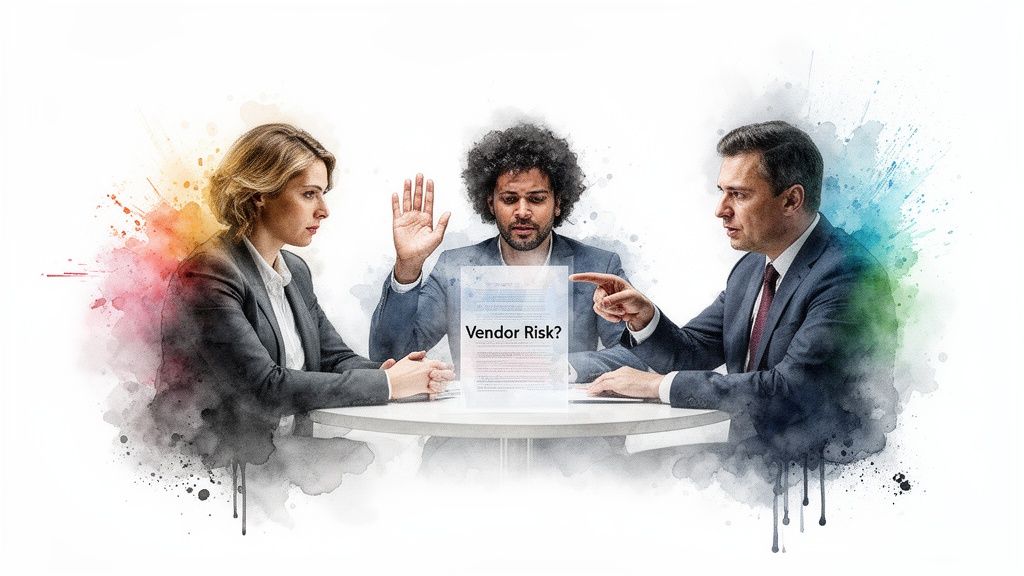 Business professionals in a watercolor-style meeting, discussing a document titled "Vendor Risk?".