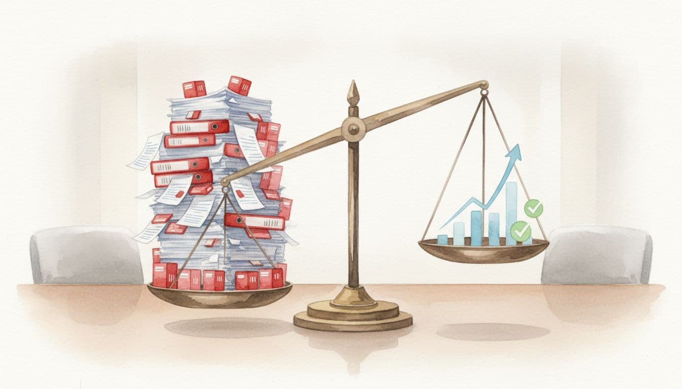 Watercolor balance scale tilts left under vendor contracts and red boxes, right side light with growth chart.