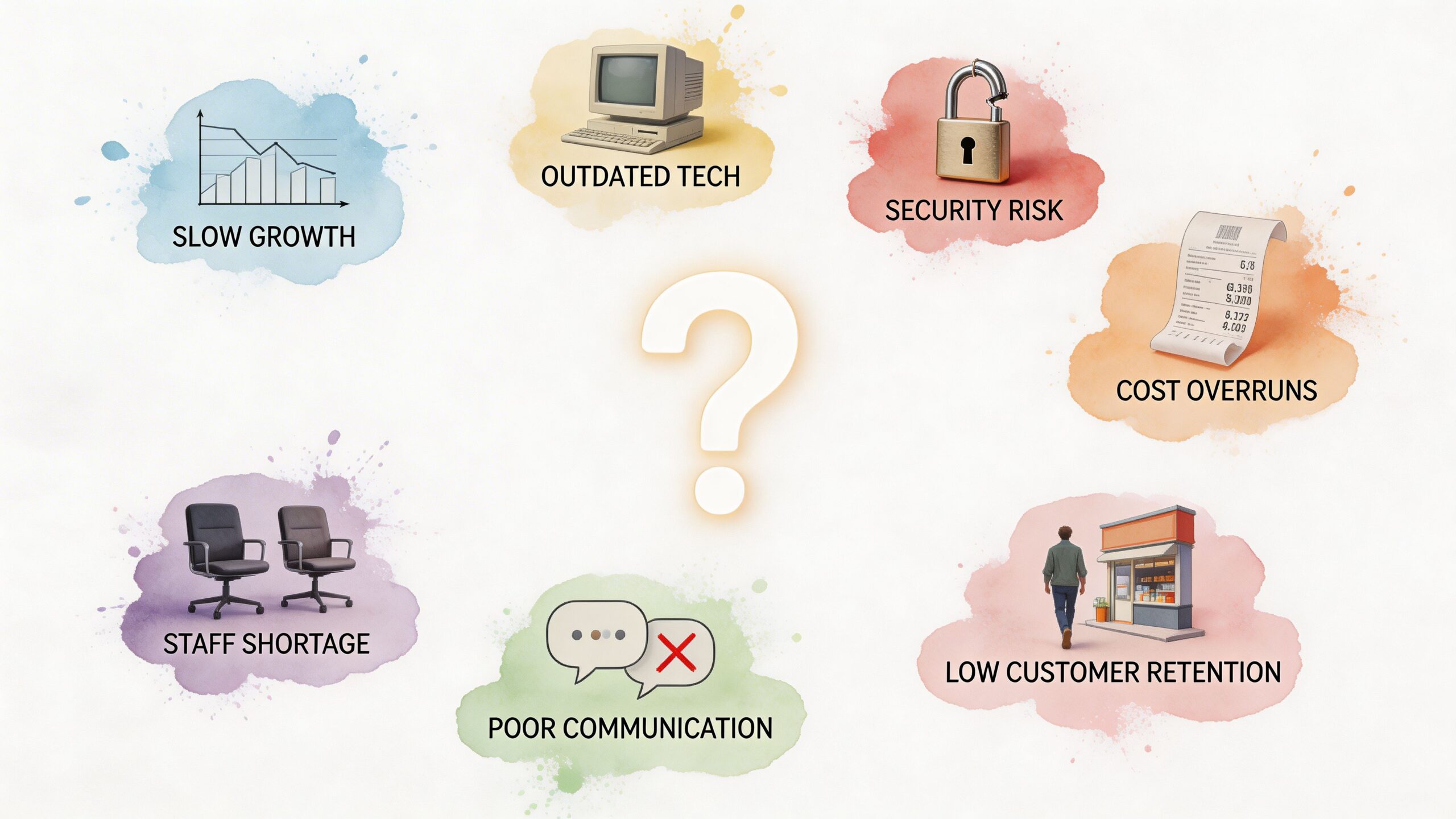 A graphic illustration depicting common business challenges including outdated technology, security risks, slow growth, and poor communication.