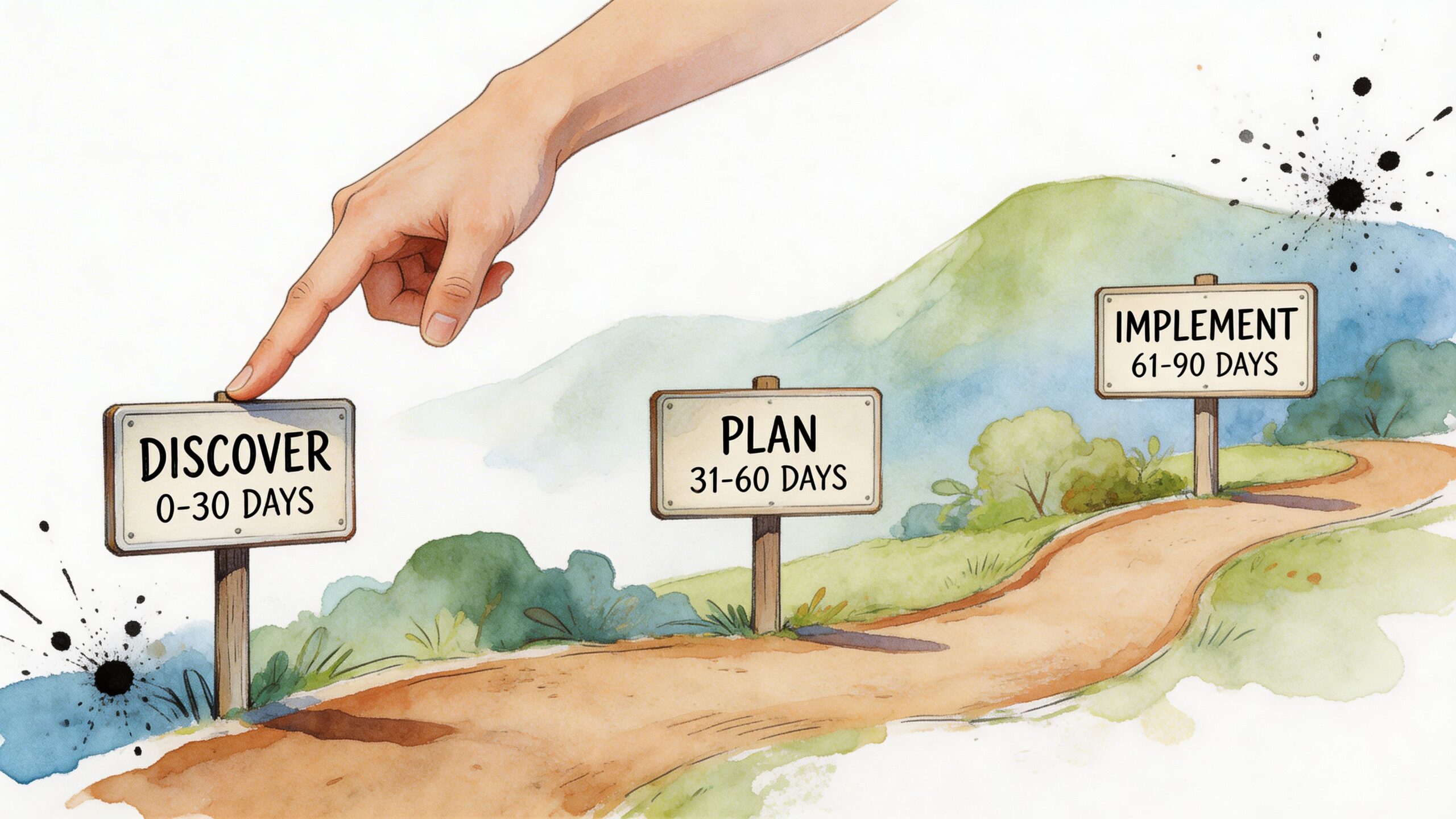 A hand points to a wooden road sign marked Discover 0-30 days, part of a three-stage roadmap.