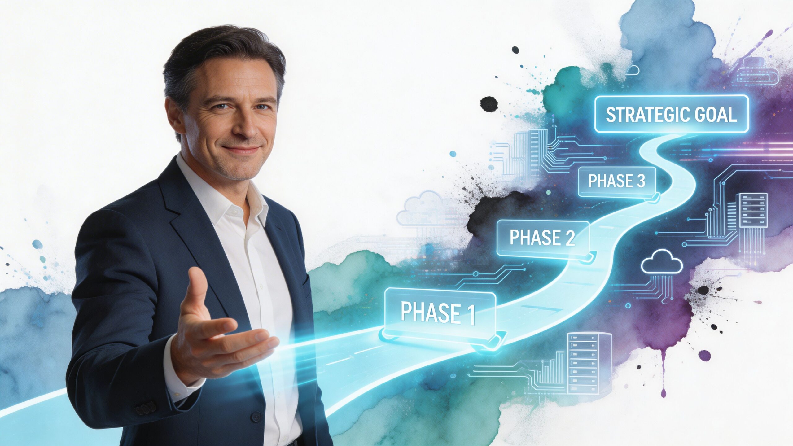 A professional man in a suit presenting a digital roadmap with three phases towards a strategic goal.