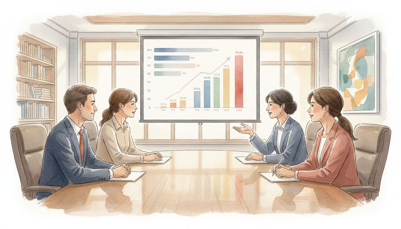 Watercolor illustration of a diverse board meeting in a conference room with executives around a table discussing a projected simple tech status chart using #EF4444 highlights for risks.