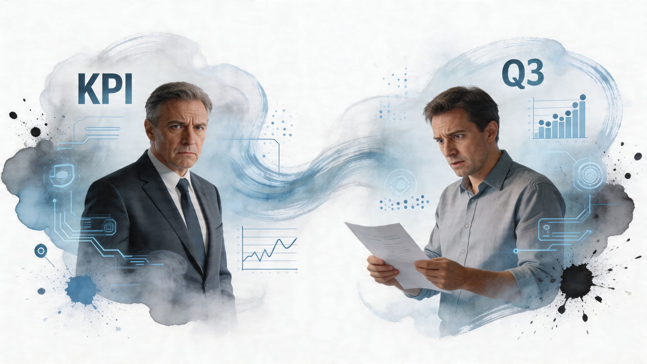 A professional man in a suit looking at a colleague analyzing performance data in a business report.