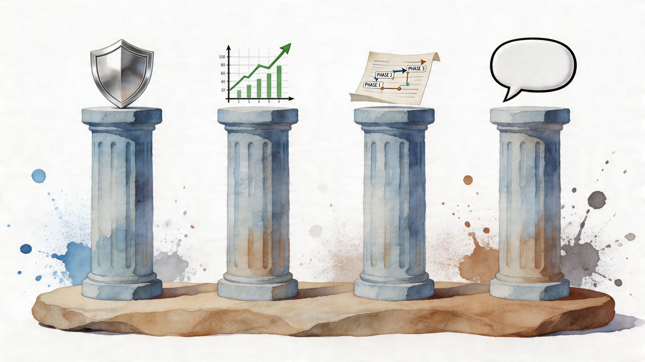Four watercolor columns topped with a shield, growth chart, project timeline, and speech bubble on a platform.