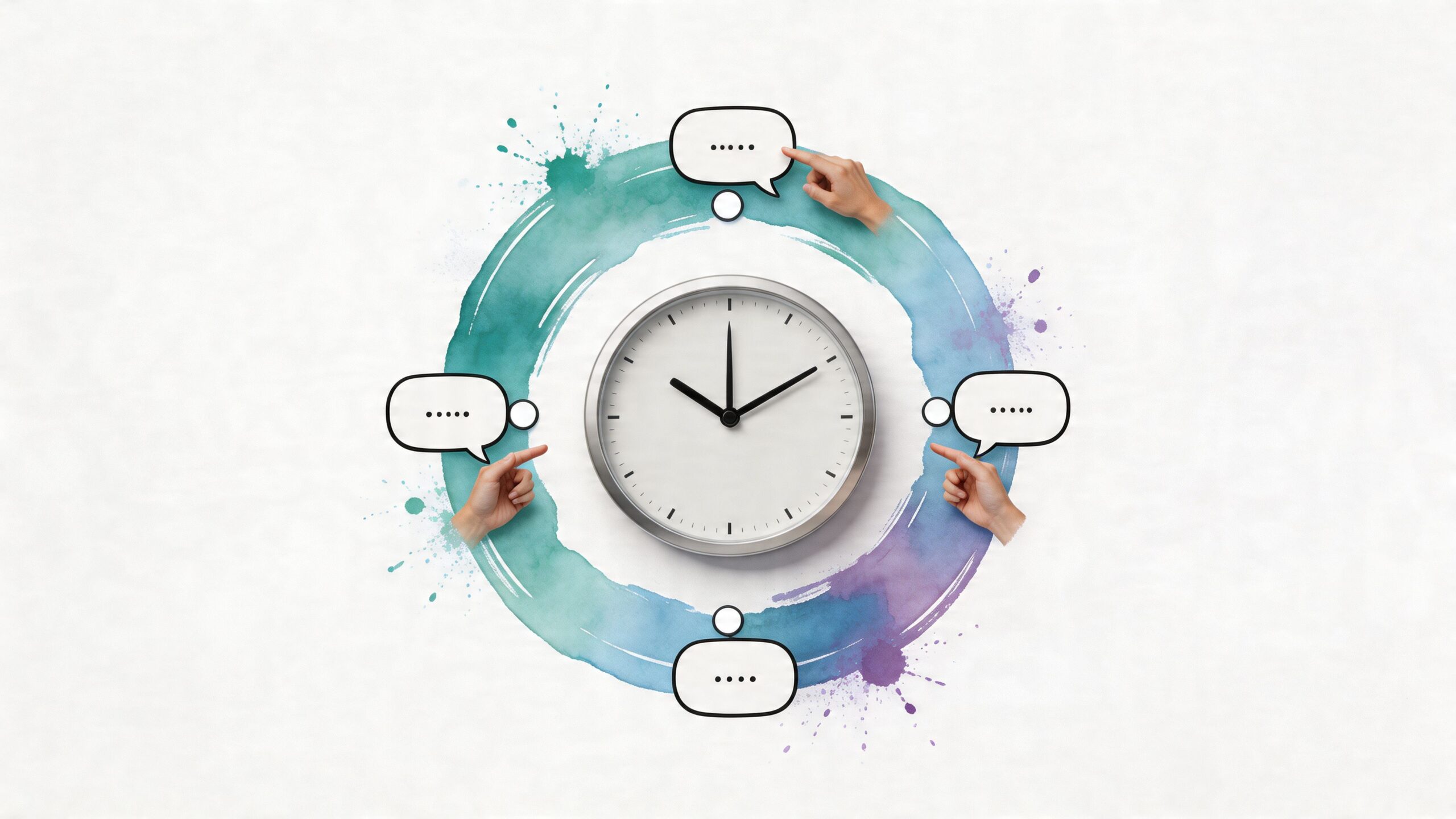 A clock surrounded by a painted watercolor ring with speech bubbles being pointed to by hands.