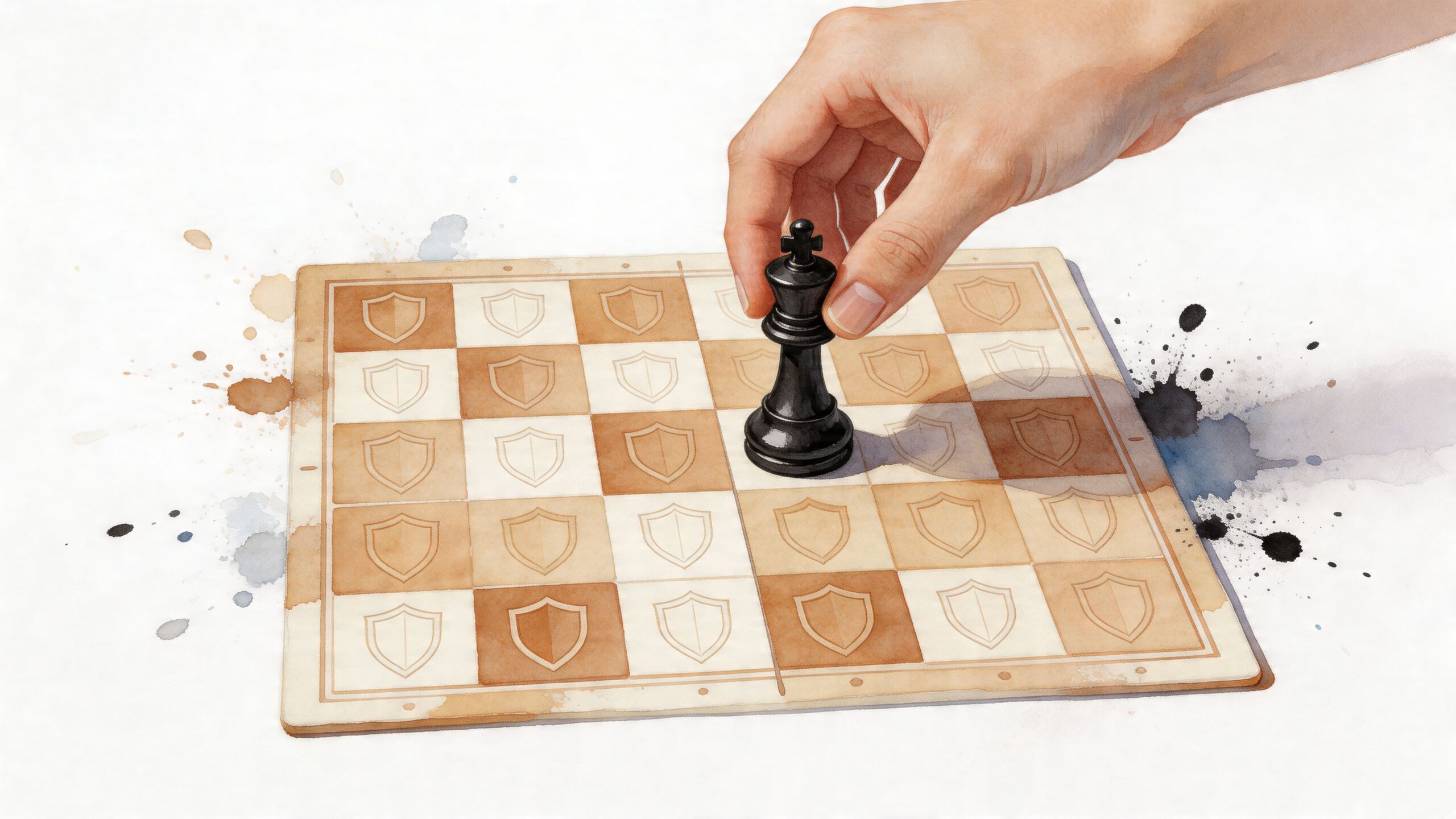 A hand placing a black chess king on a watercolor illustration of a decorated game board.