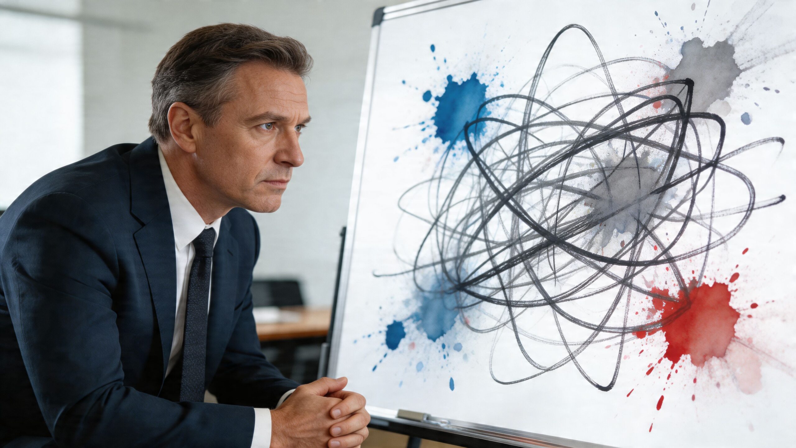 A professional man in a suit looking thoughtfully at a whiteboard with complex abstract ink sketches.