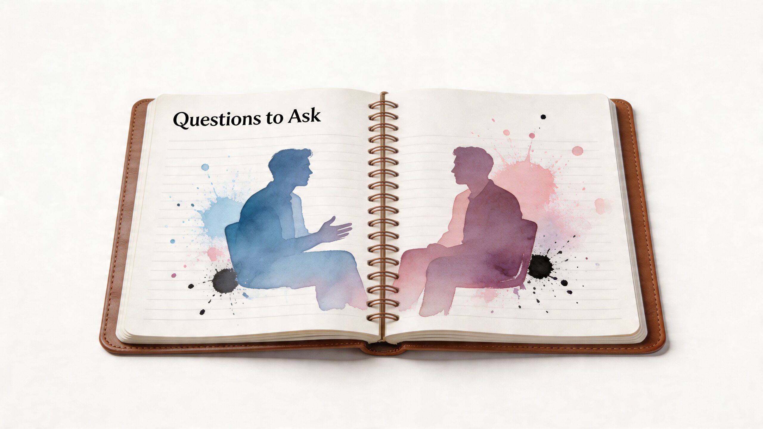 An open notebook with a watercolor illustration of two people having a professional conversation sitting in chairs.
