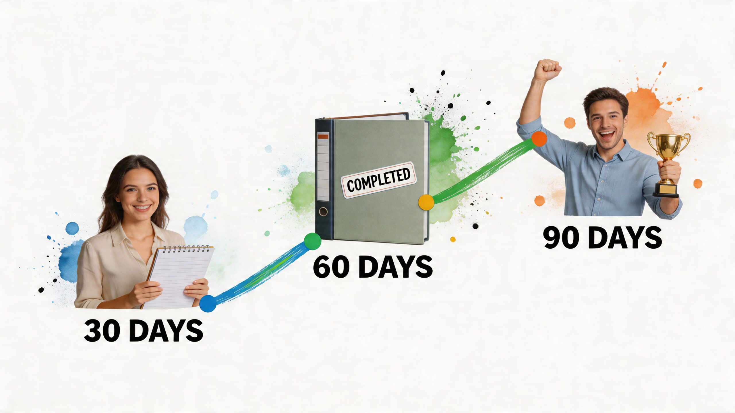 A progress timeline graphic showing a person planning, a completed binder, and a successful person with a trophy.