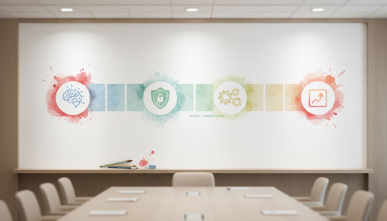 Horizontal timeline on large whiteboard in empty conference room shows soft watercolor icons for AI, cybersecurity, and growth with red accents.