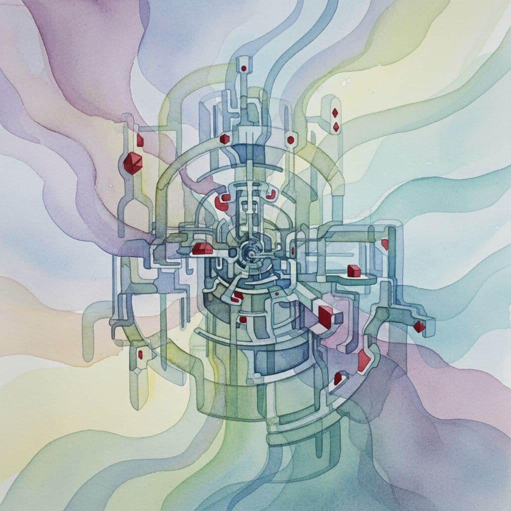 Abstract watercolor shows complex layered structure being reassembled with soft blending and brush texture.