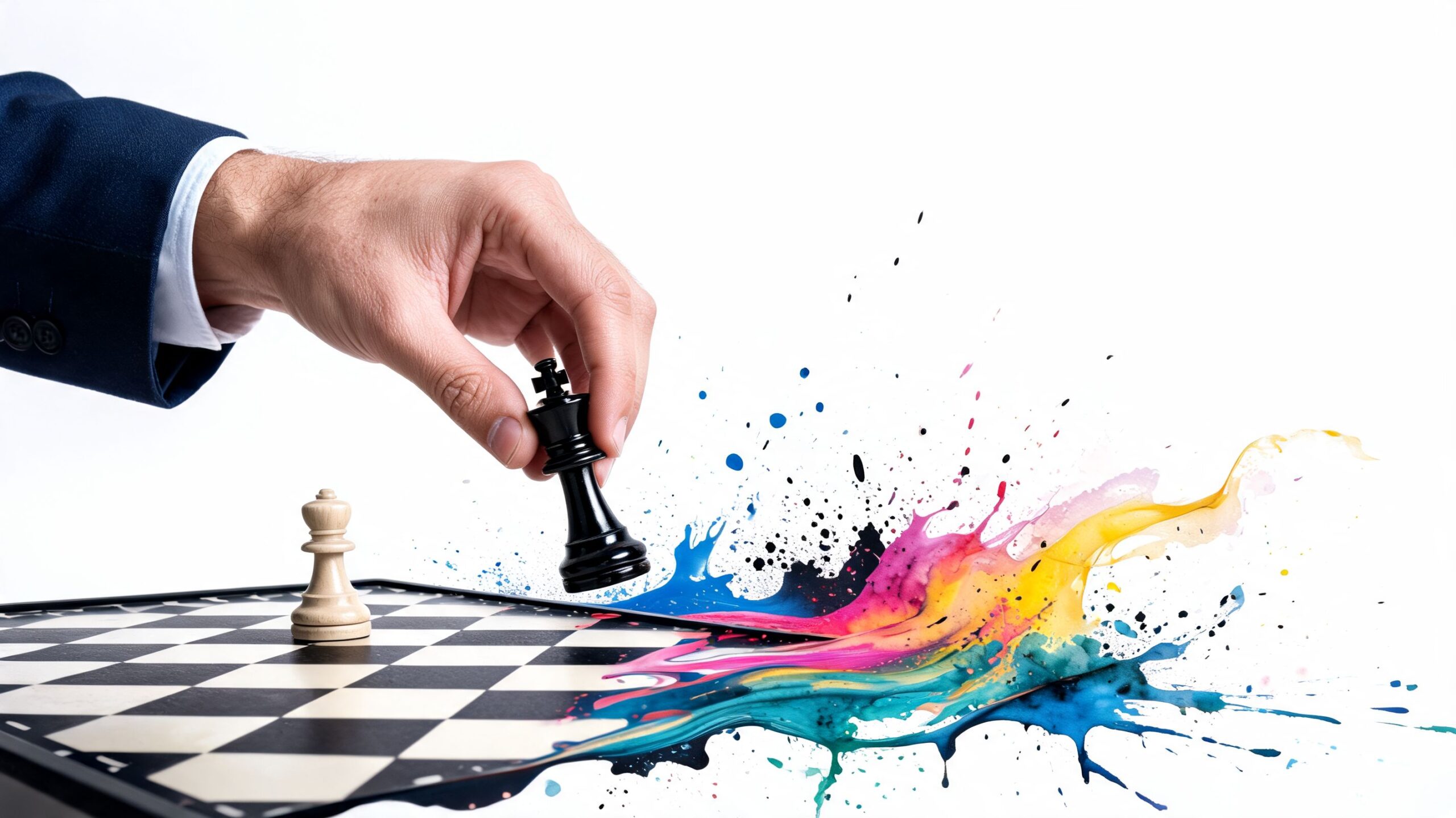 A businessman's hand moves a black chess king across a board with vibrant colorful paint splashing out.