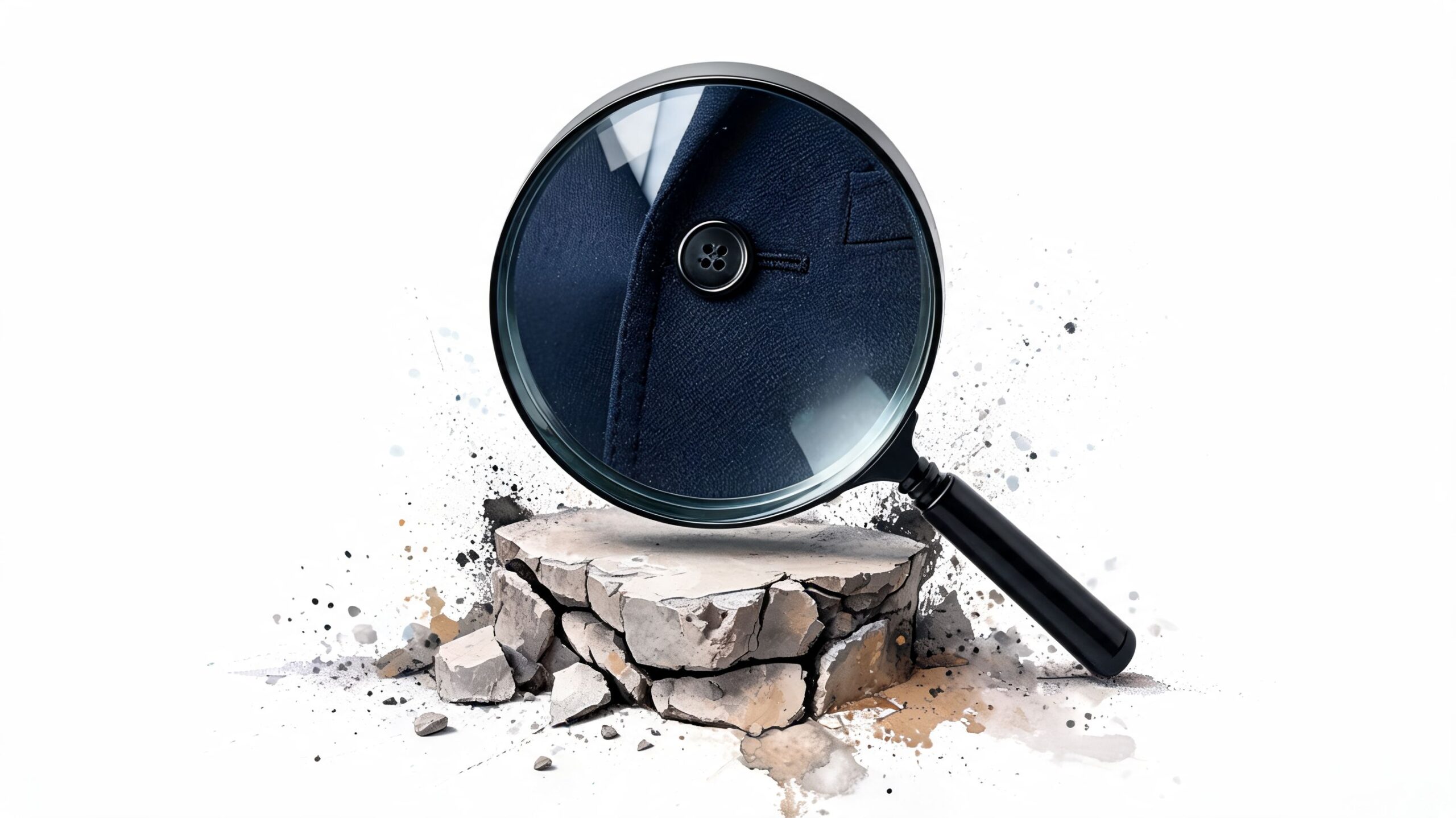 A magnifying glass inspecting a dark blue suit jacket button on top of a cracked stone pedestal.