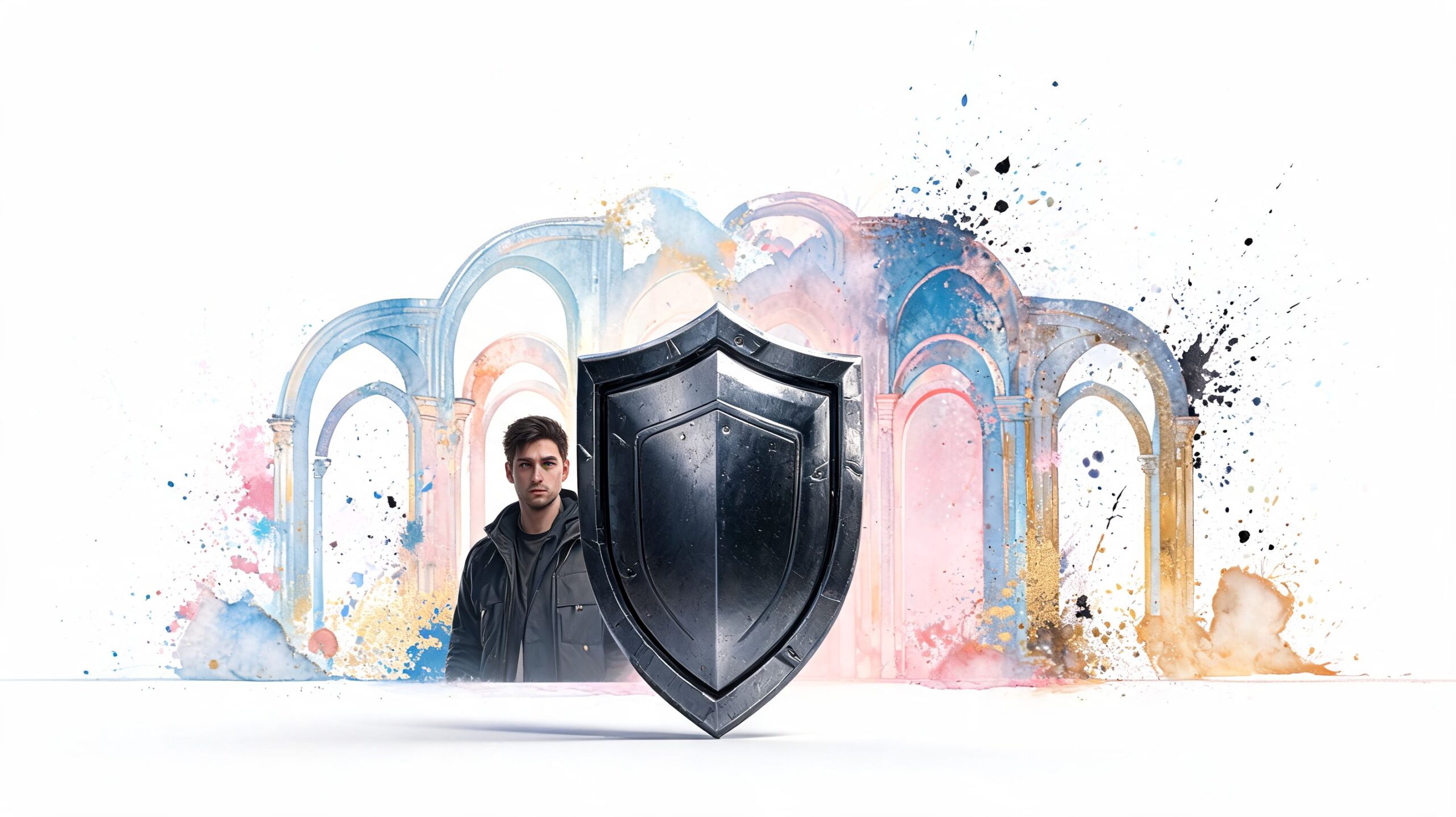 A young man standing behind a large metallic shield in front of an artistic watercolor architectural backdrop.