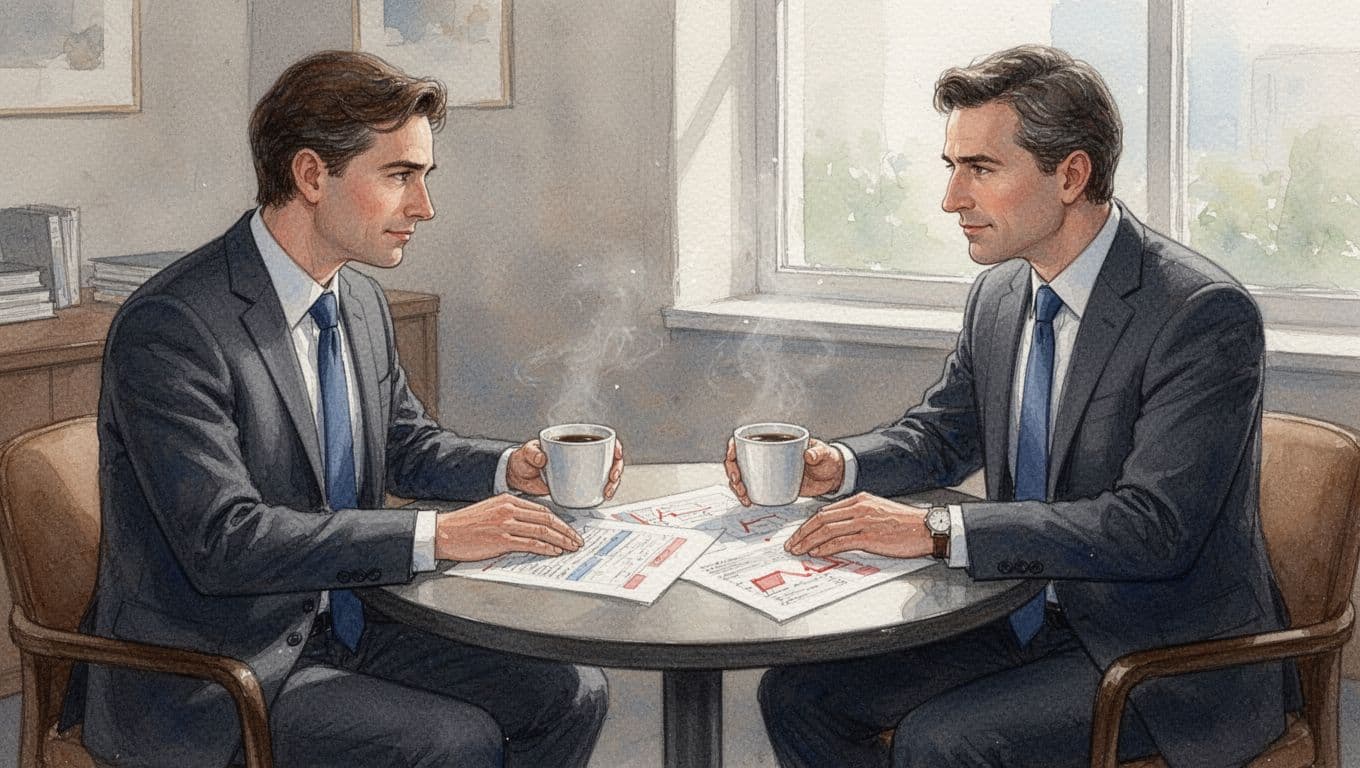 Calm advisor and CEO in business attire review documents over coffee at table in cozy office.