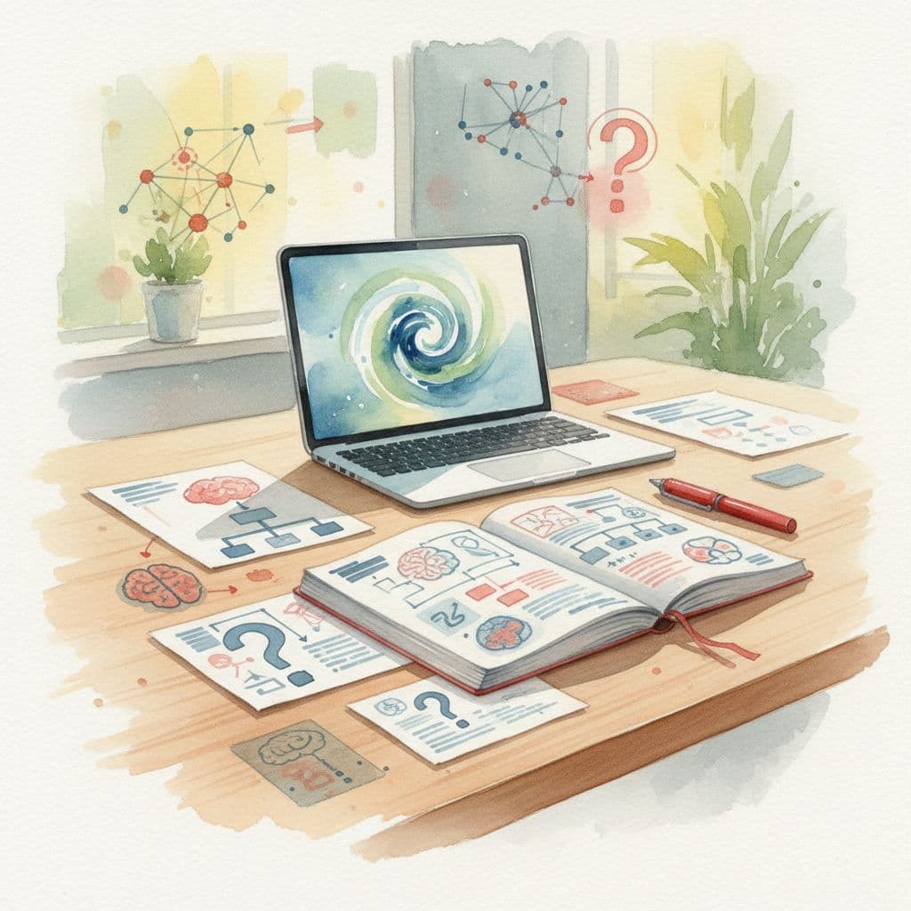 A watercolor-style wooden desk features scattered sketches, a notebook, a pen, and a closed laptop.