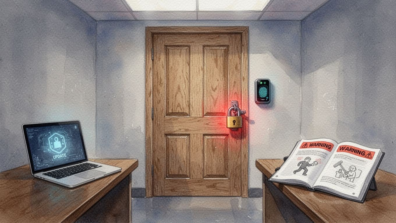 Watercolor of wooden office door with red padlock and fingerprint scanner, nearby laptop showing update icon, open phishing book in dim hallway.