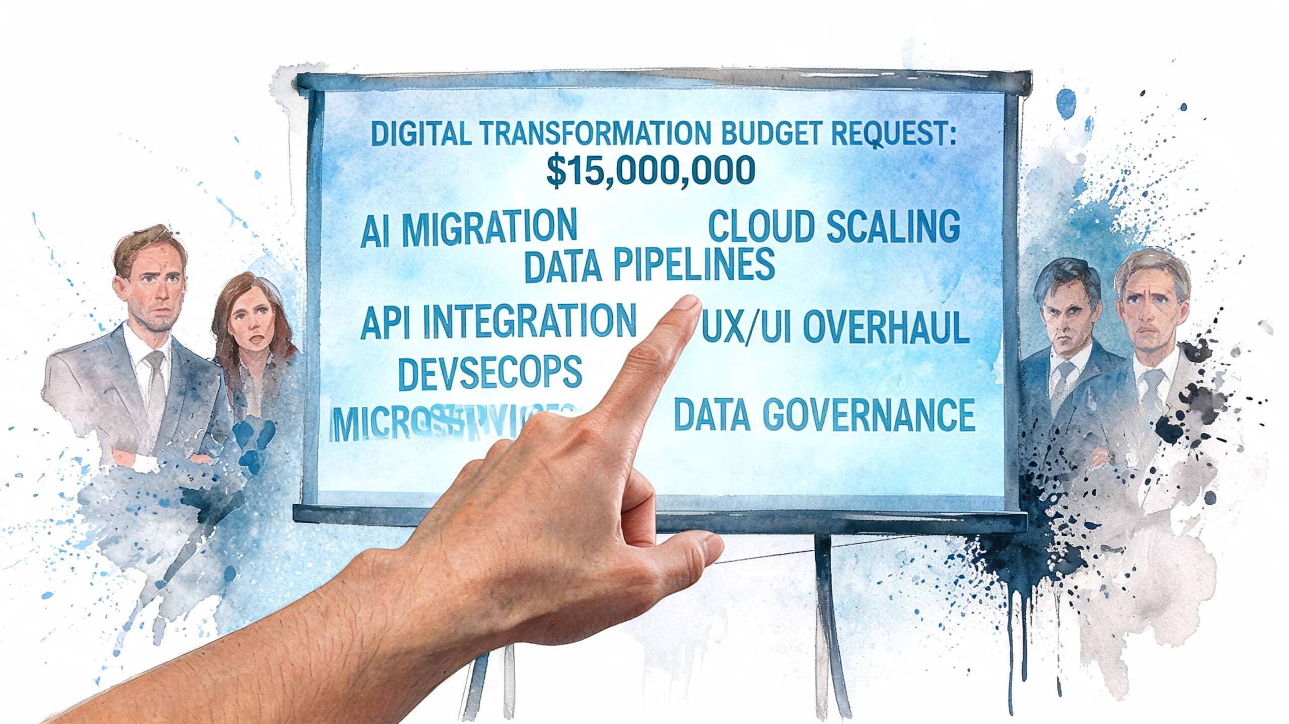 A professional business meeting where a presenter points to a board detailing a digital transformation budget request.