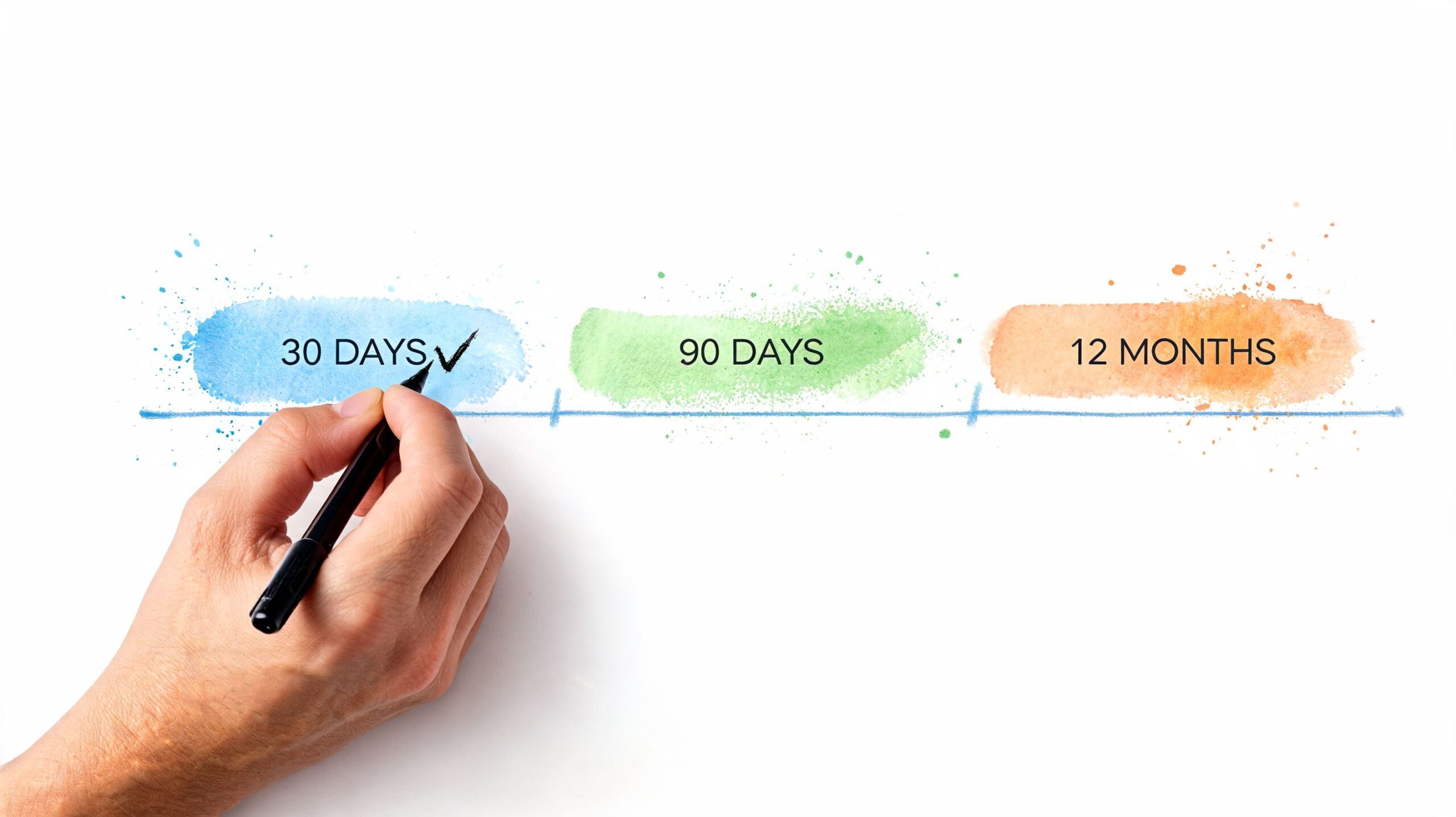 A hand drawing a checkmark on a timeline highlighting 30 days, 90 days, and 12 months milestones.