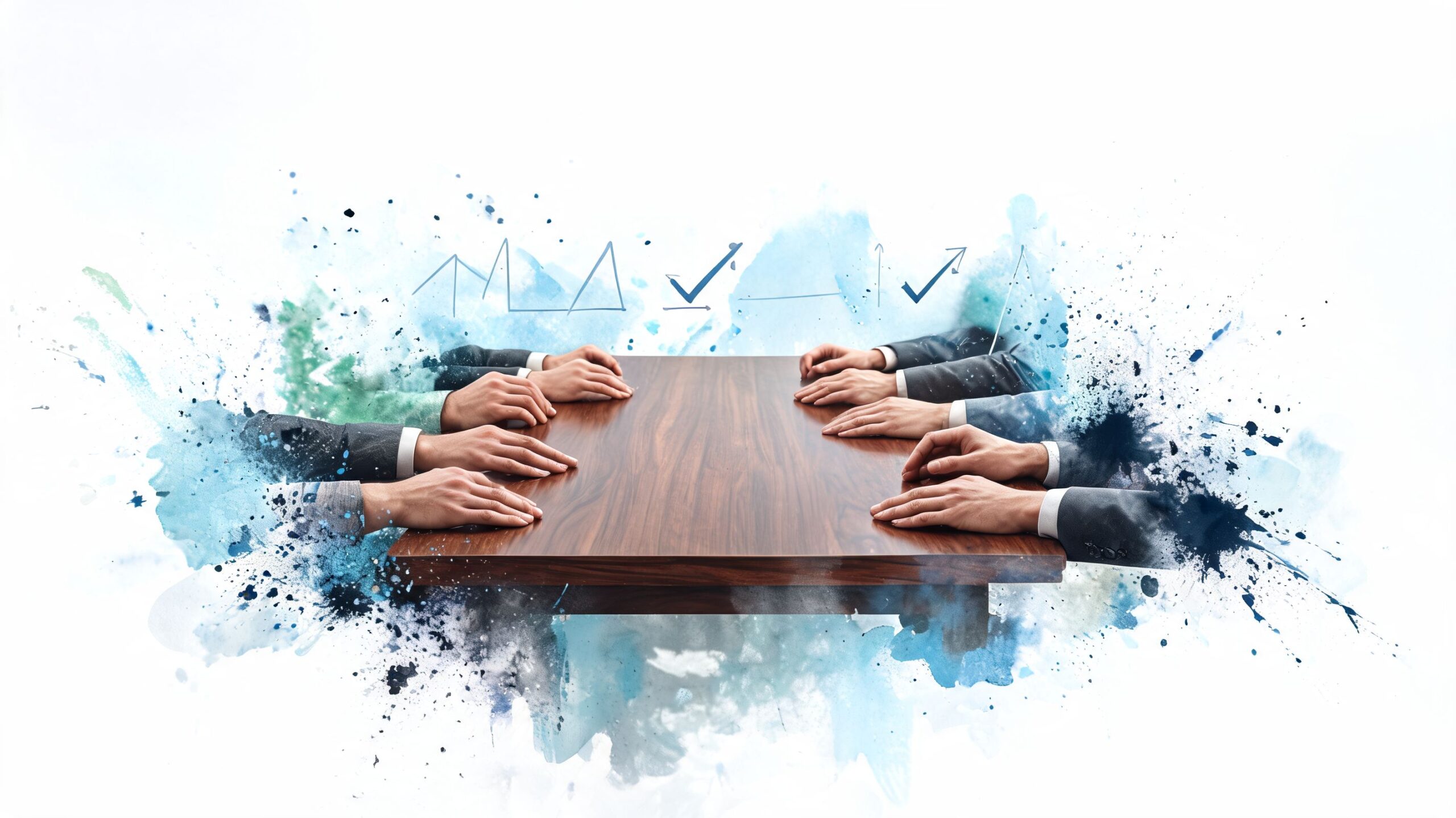 Several business people sit around a wooden conference table with abstract blue watercolor graphics showing business progress.