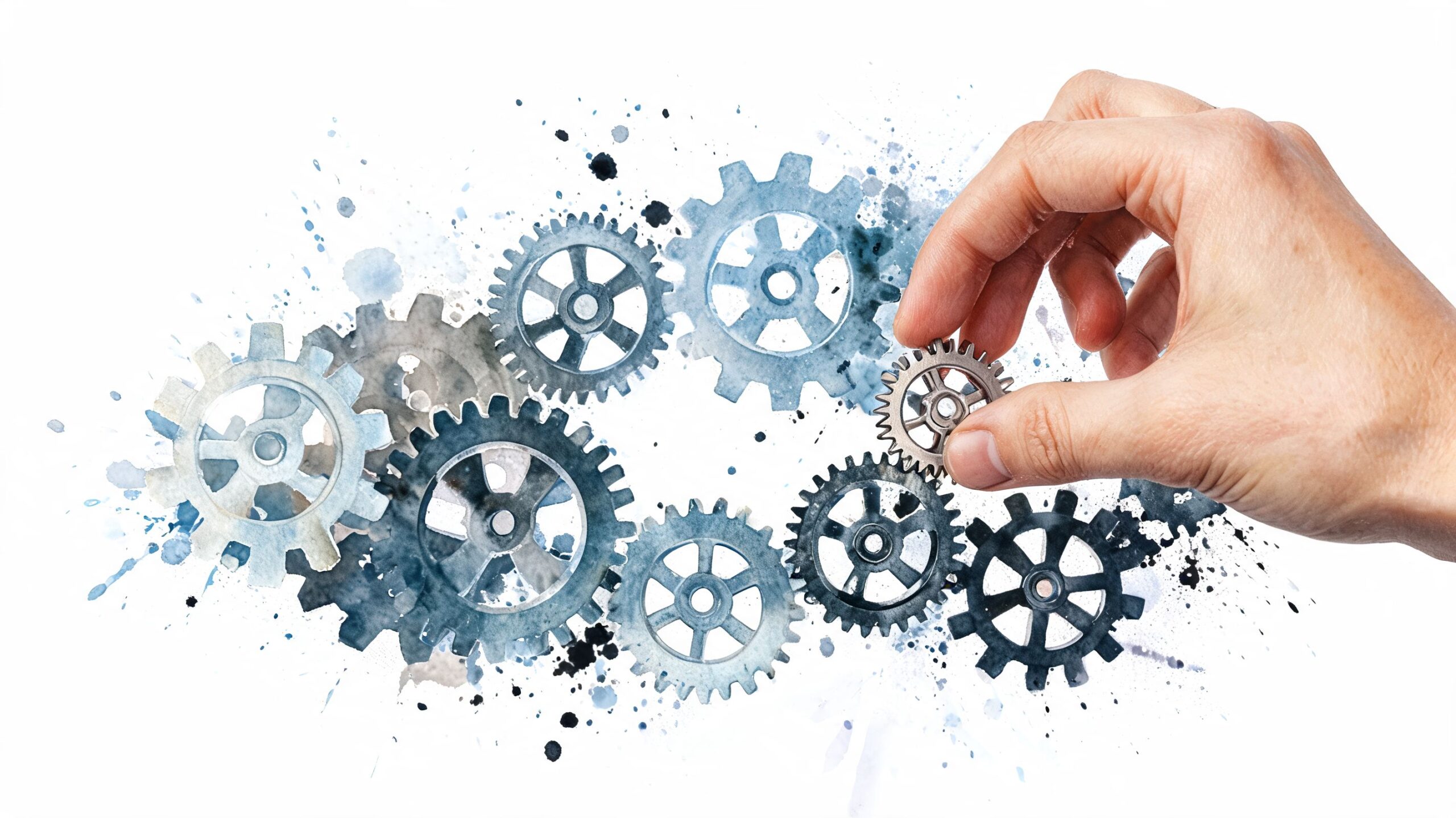 A human hand placing a small metallic gear into a complex mechanism of watercolor illustration gears.