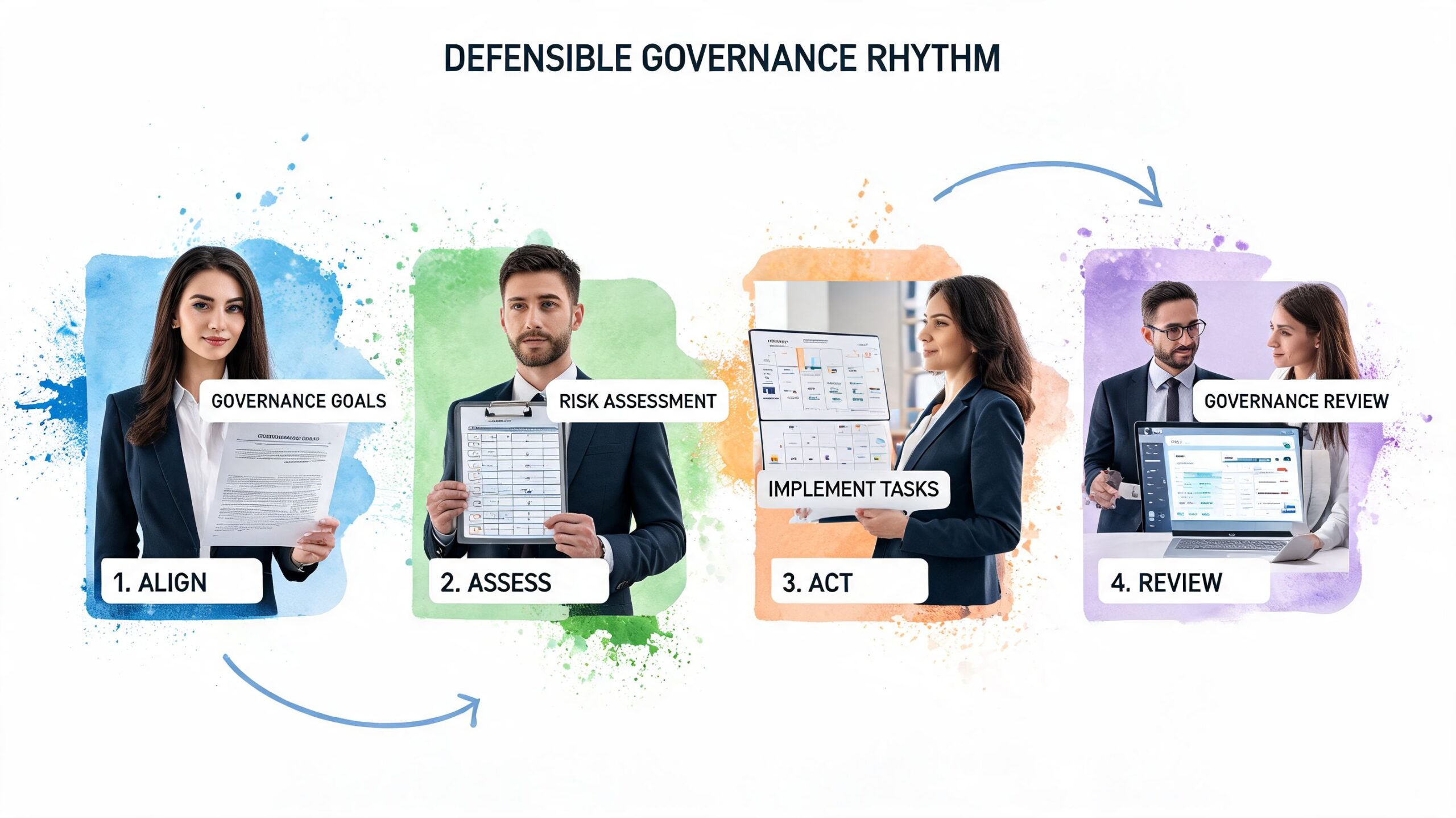 A diagram depicting the four-step Defensible Governance Rhythm for managing corporate cybersecurity and risk reporting.