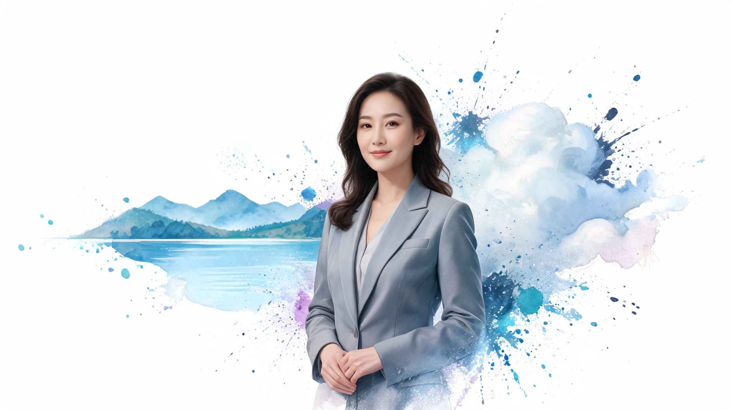 A professional woman in a gray suit standing before an abstract watercolor landscape with blue mountains.