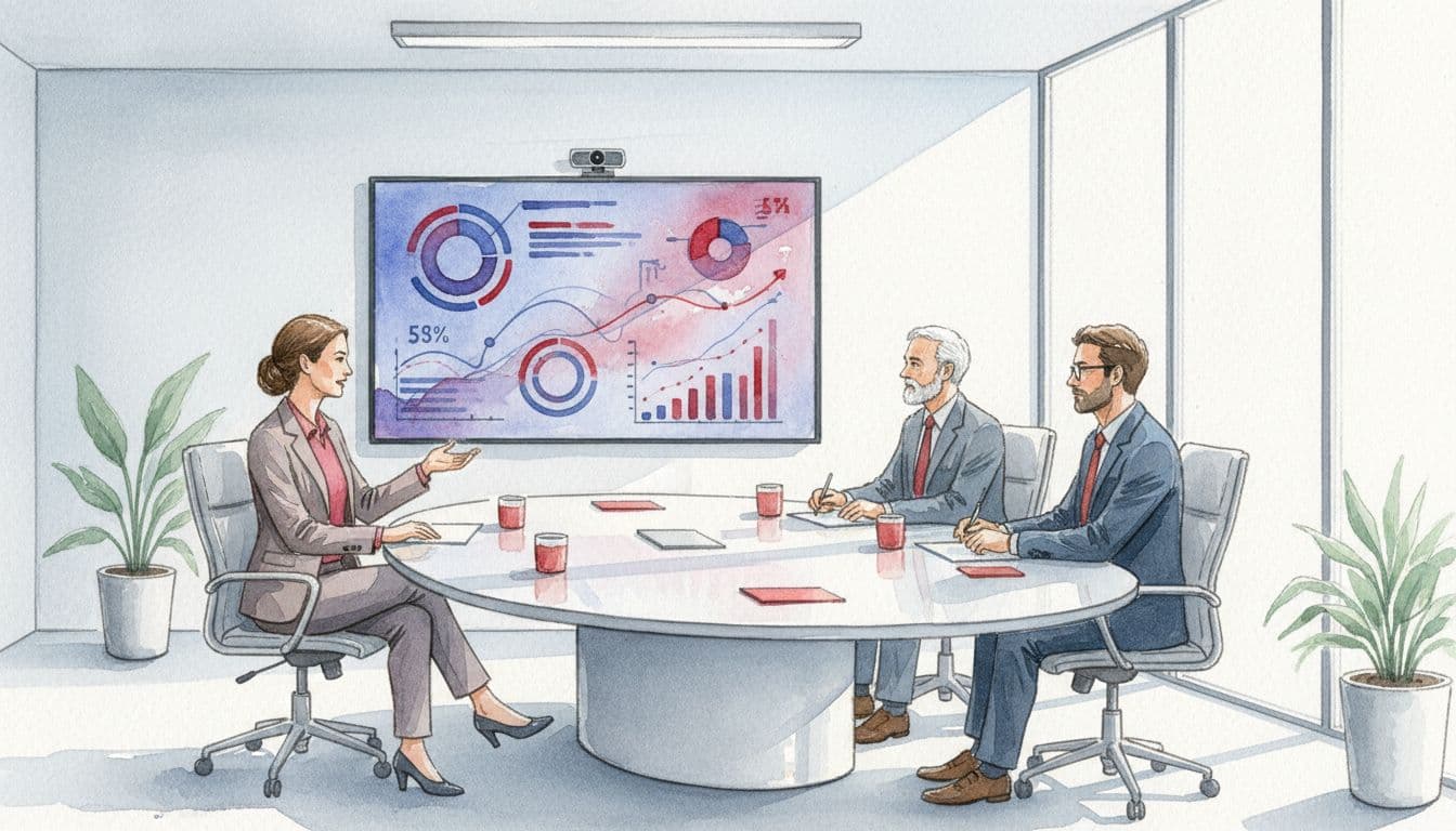 Four board members around conference table review wall screen dashboard with tech risk charts and graphs in watercolor style.