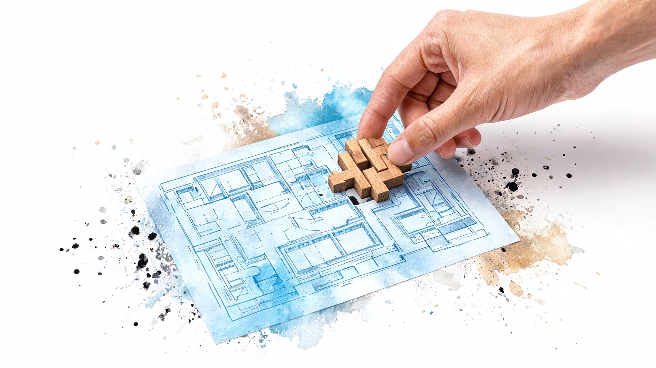 A hand placing a wooden puzzle piece onto a blueprint representing construction or architectural design.