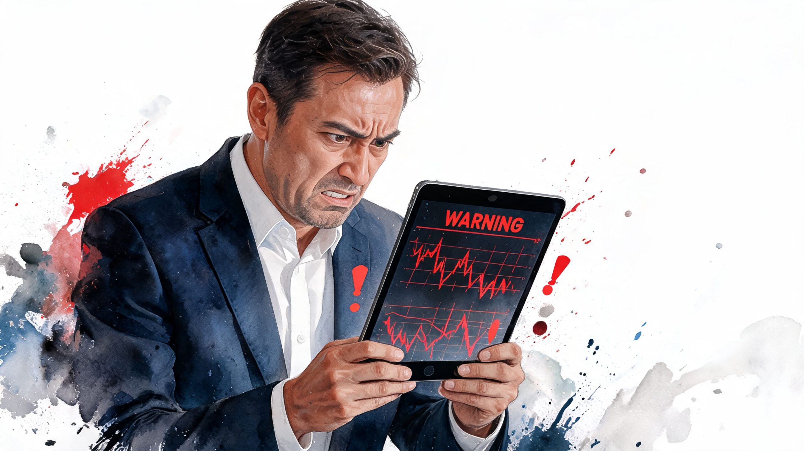 A concerned businessman looking at a tablet screen showing warning signs and volatile stock market graphs.